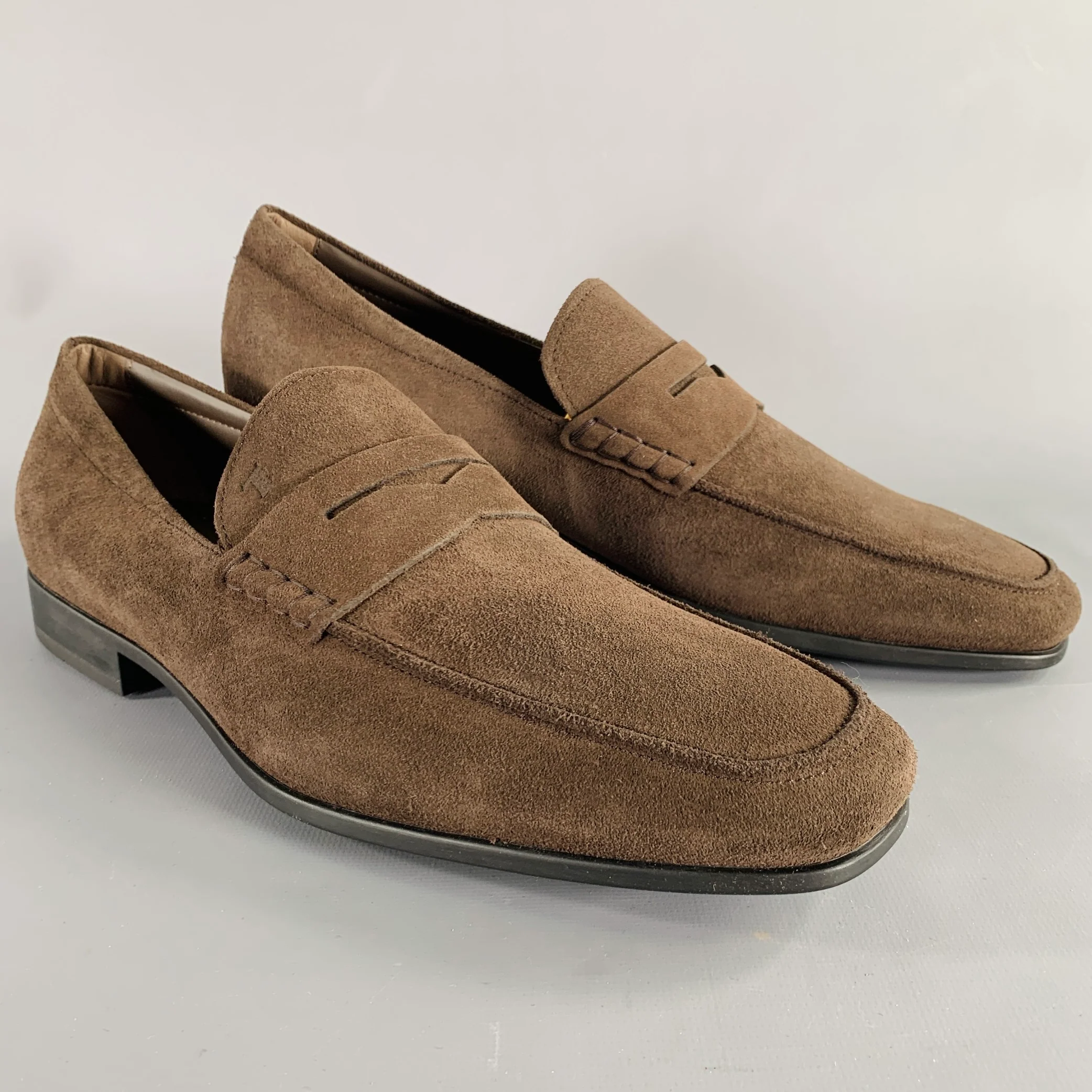 TOD'S Size 10.5 Dark Brown Suede Penny Slip On Loafers