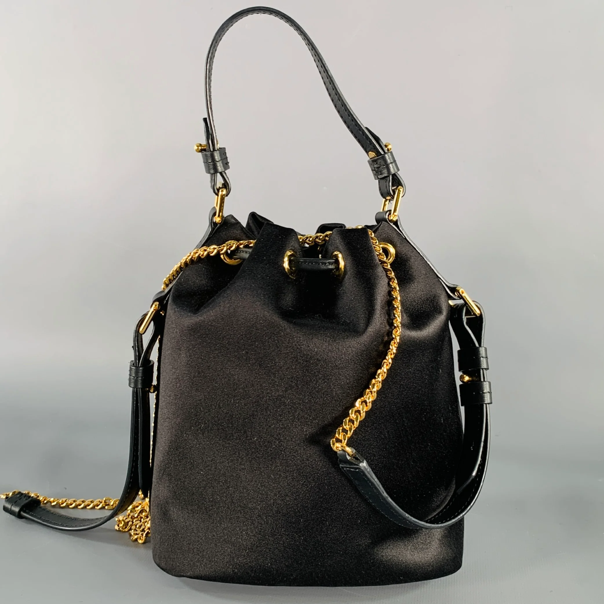 TOM FORD Black Gold Satin Drawstring Bucket Handbag - Image 4