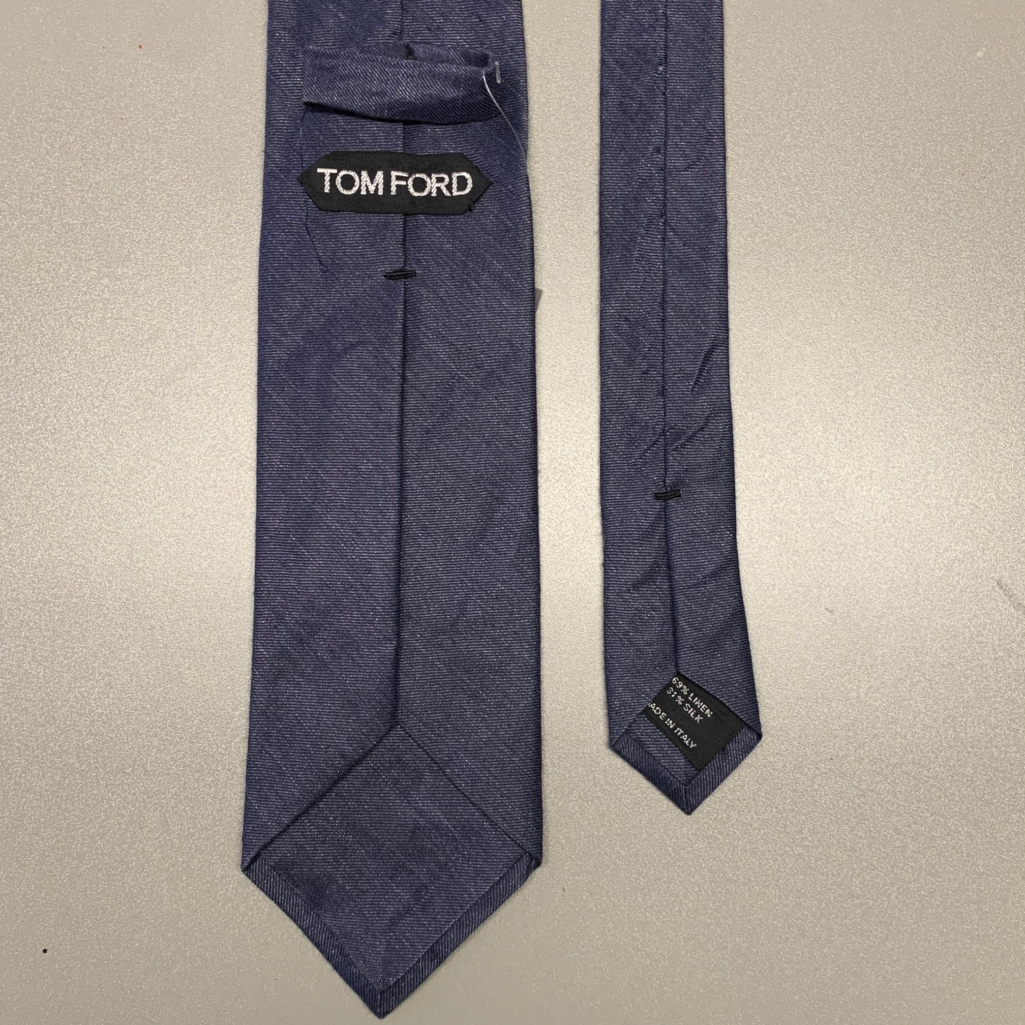 TOM FORD Navy Woven Linen  Silk Tie - Image 2