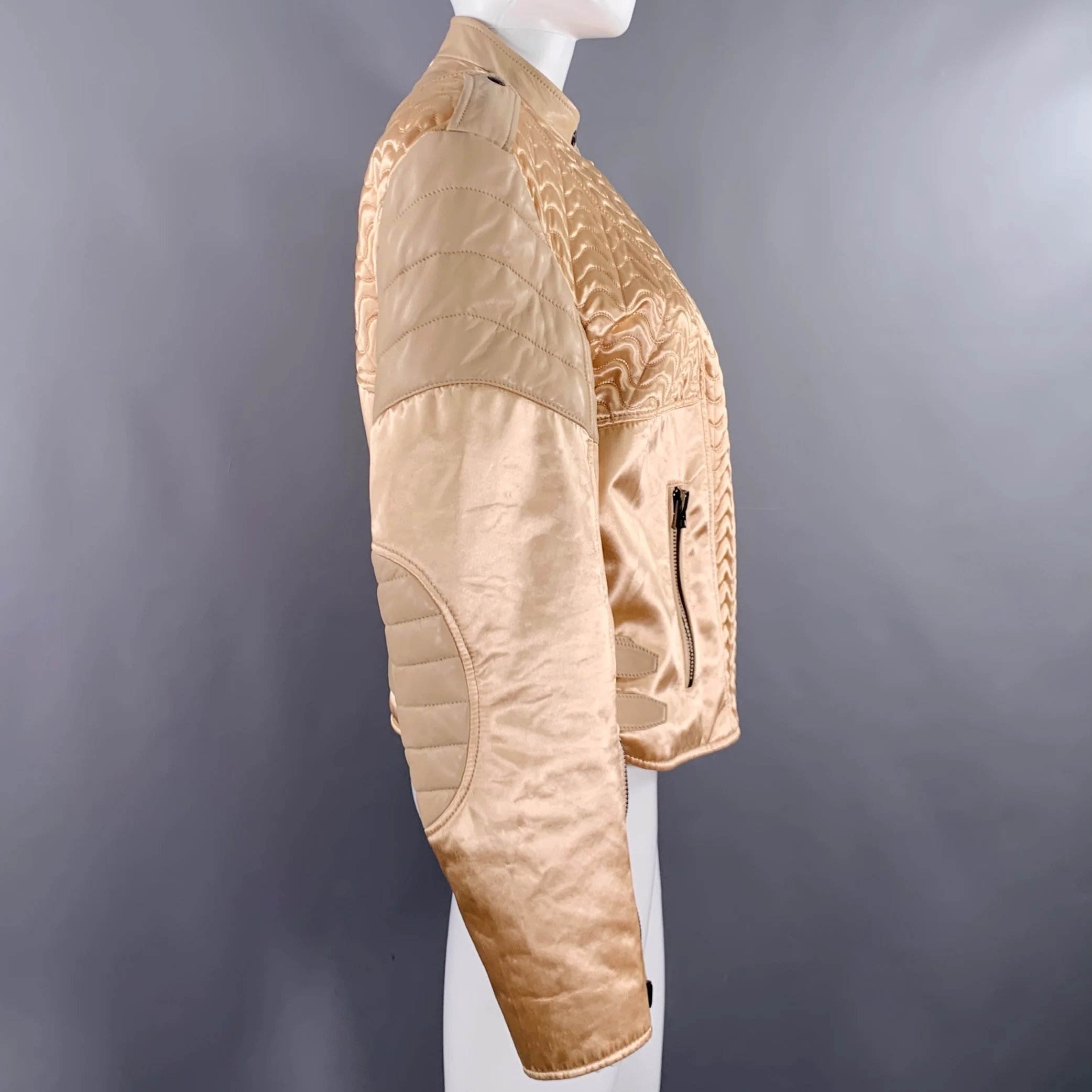 TOM FORD Size 8 Beige Viscose Quilted Leather Biker Jacket - Image 3