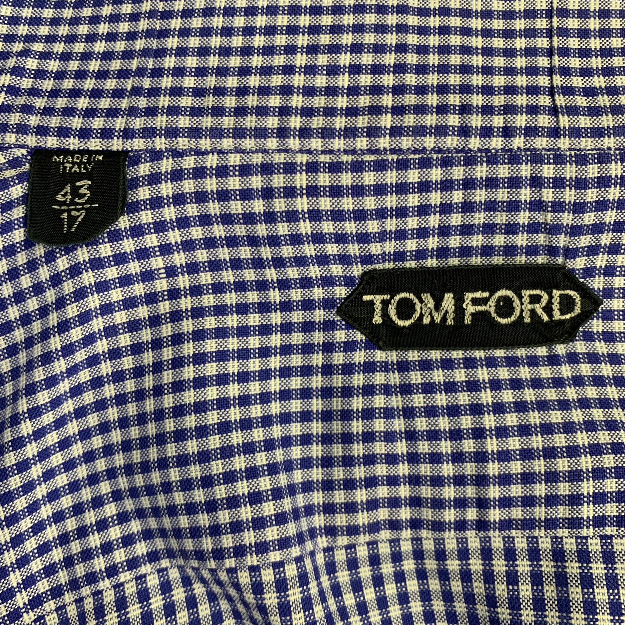 TOM FORD Size L Blue White Plaid Cotton Button Up Long Sleeve Shirt - Image 5