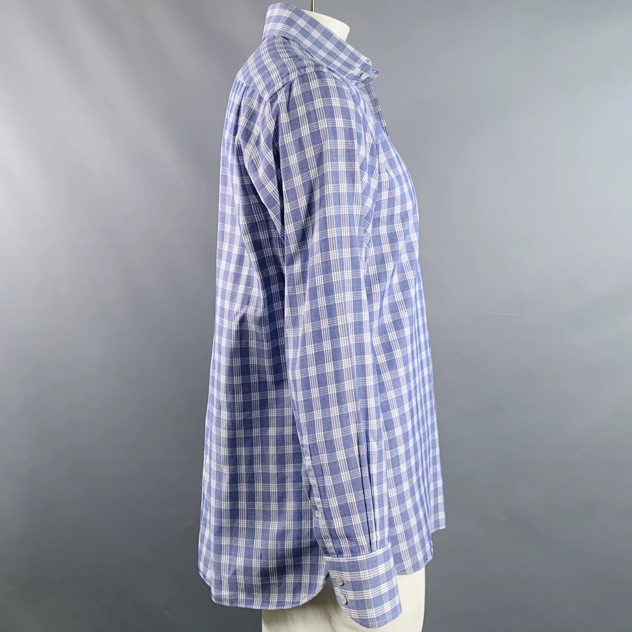 TOM FORD Size L Blue White Plaid Cotton Curved Cutaway Long Sleeve Shirt - Image 3