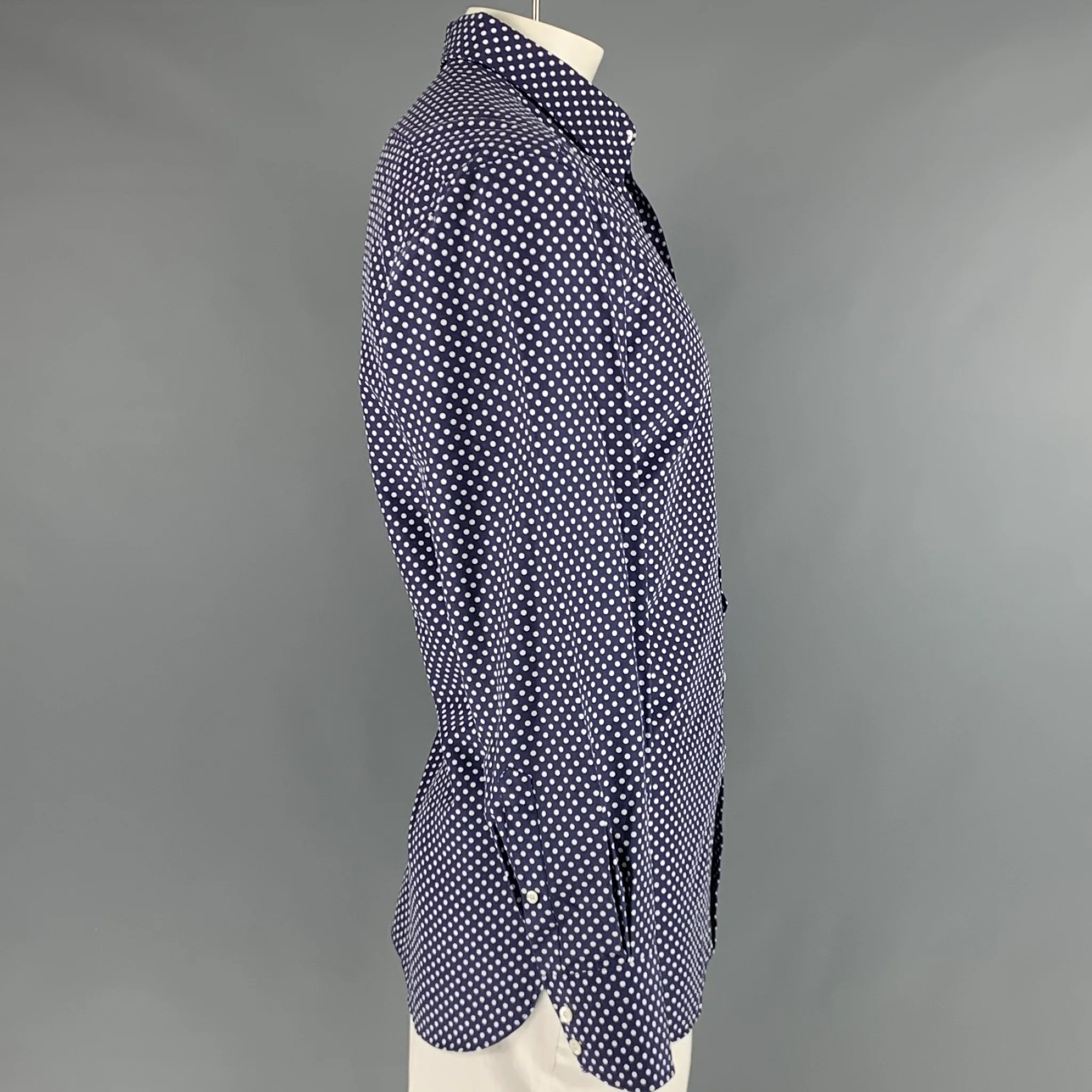 TOM FORD Size L Navy White Polka Dot Cotton Silk Button Up Long Sleeve Shirt - Image 3