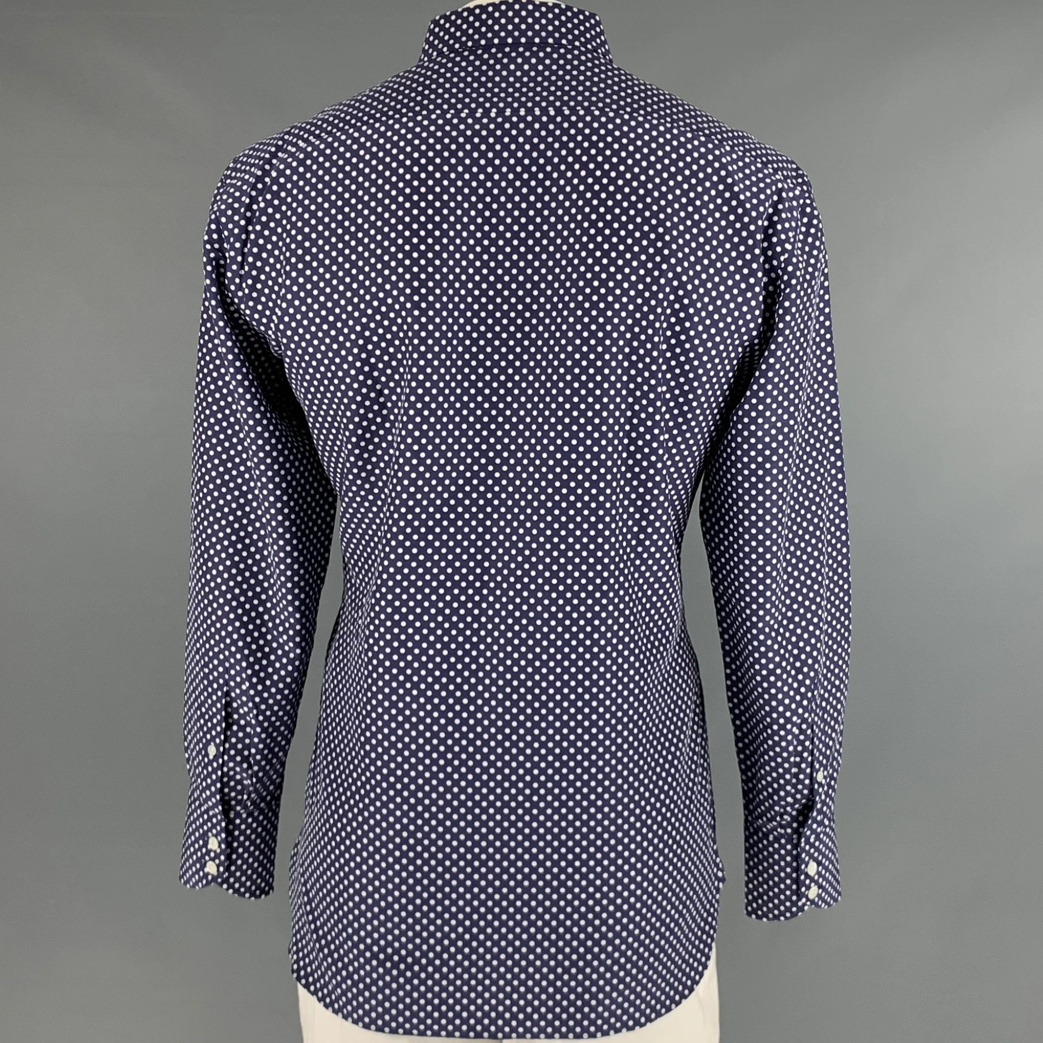 TOM FORD Size L Navy White Polka Dot Cotton Silk Button Up Long Sleeve Shirt - Image 4
