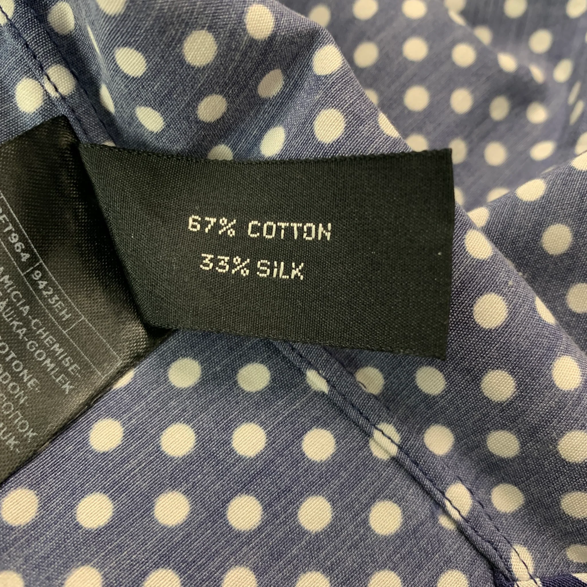 TOM FORD Size L Navy White Polka Dot Cotton Silk Button Up Long Sleeve Shirt - Image 7