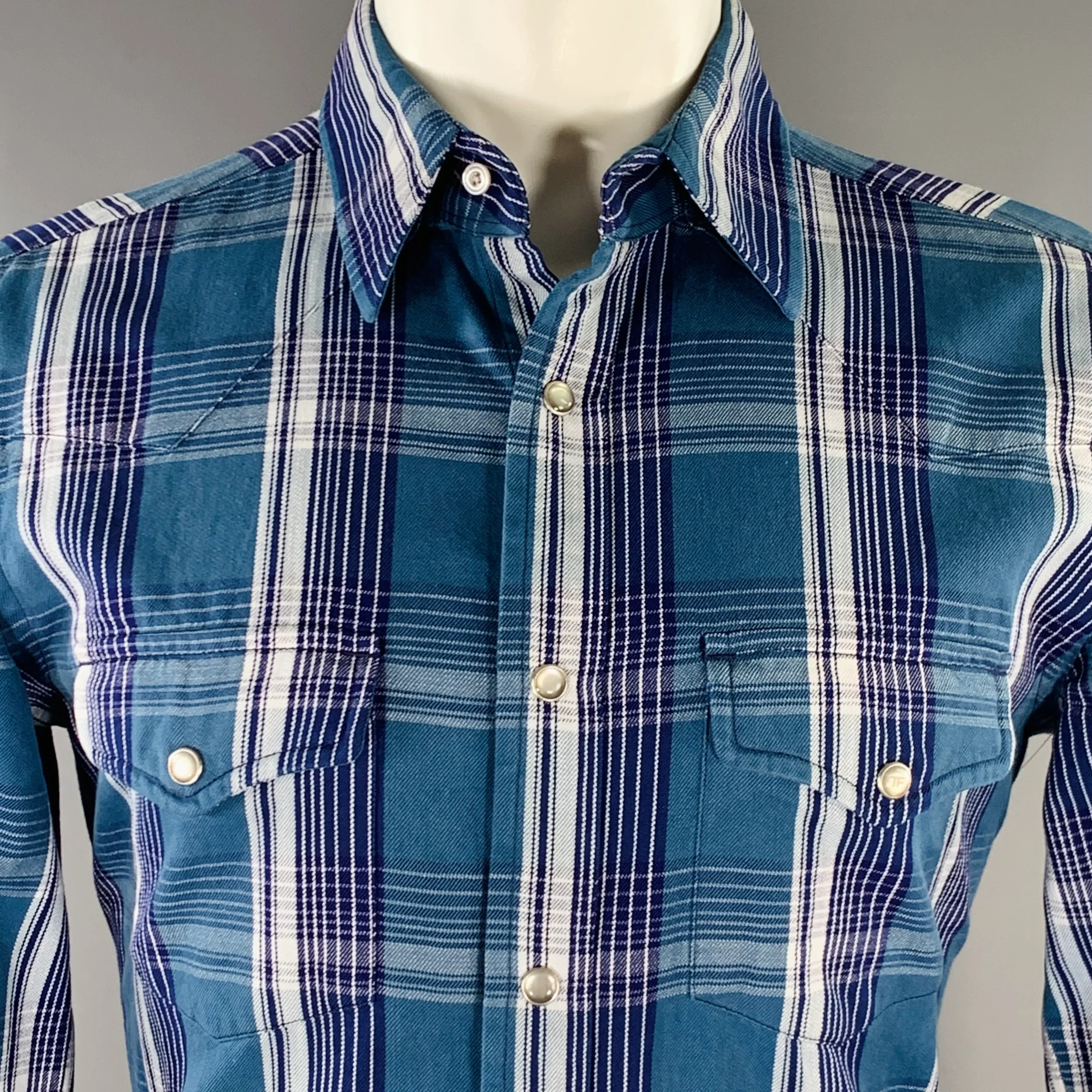 TOM FORD Size M Blue Navy Plaid Cotton Western Long Sleeve Shirt - Image 2