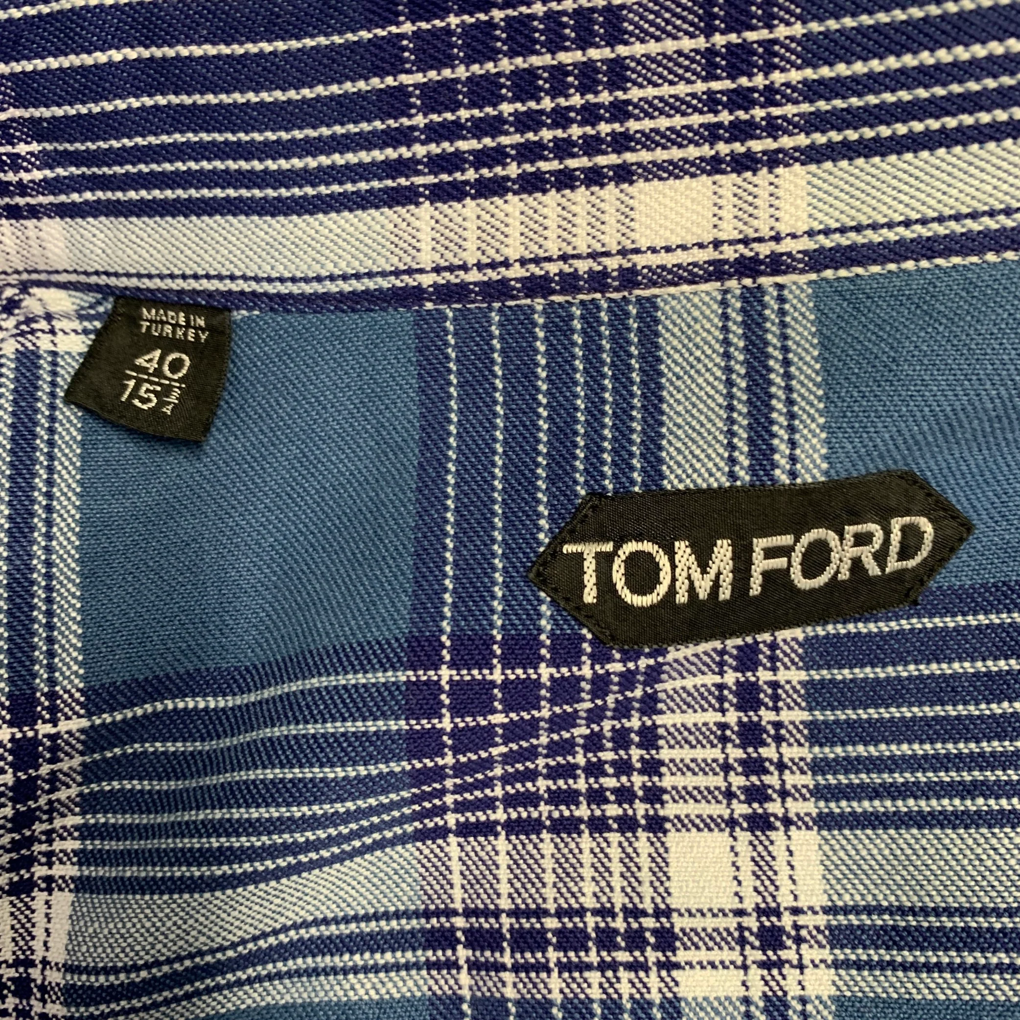 TOM FORD Size M Blue Navy Plaid Cotton Western Long Sleeve Shirt - Image 5