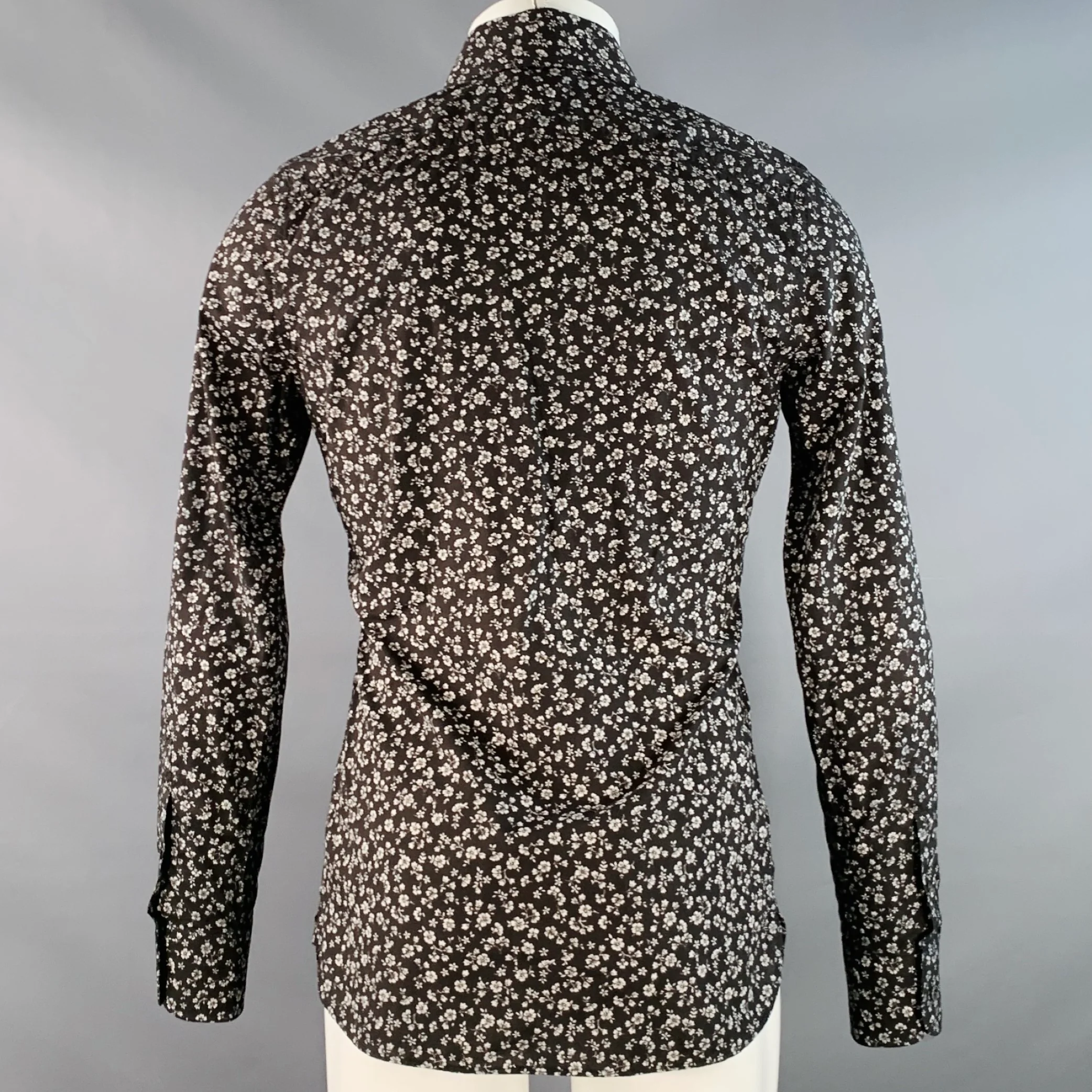 TOM FORD Size S Black White Floral Cotton Long Sleeve Shirt - Image 4