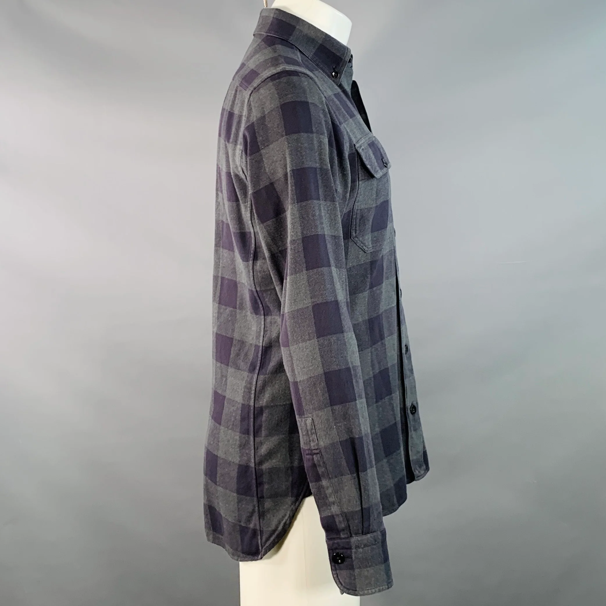 TOM FORD Size S Navy Grey Checkered Cotton Button Down Collar Long Sleeve Shirt - Image 3