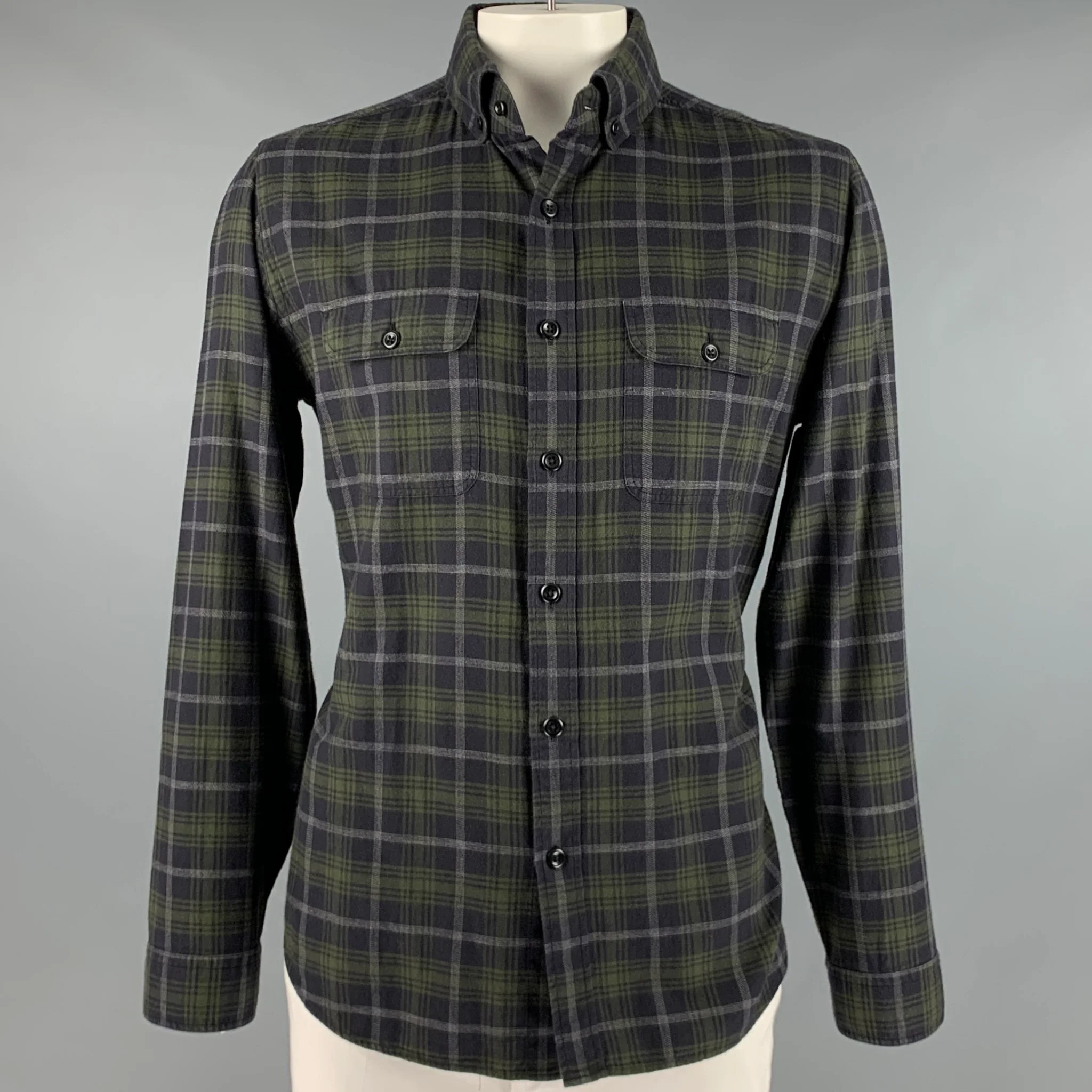 TOM FORD Size XL Black Green Plaid Cotton Button Down Long Sleeve Shirt