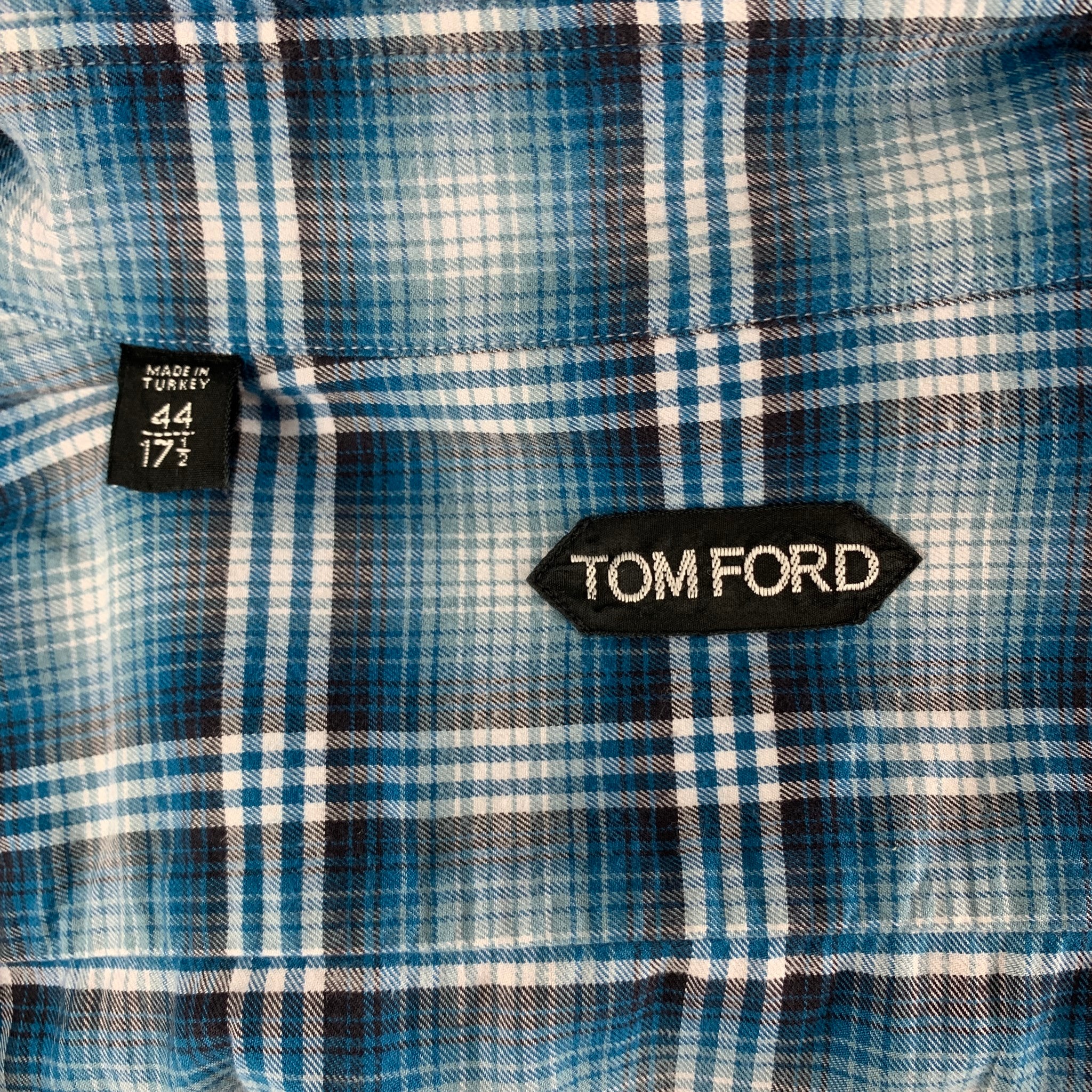 TOM FORD Size XL Blue White Plaid Cotton Flanel Long Sleeve Shirt - Image 5