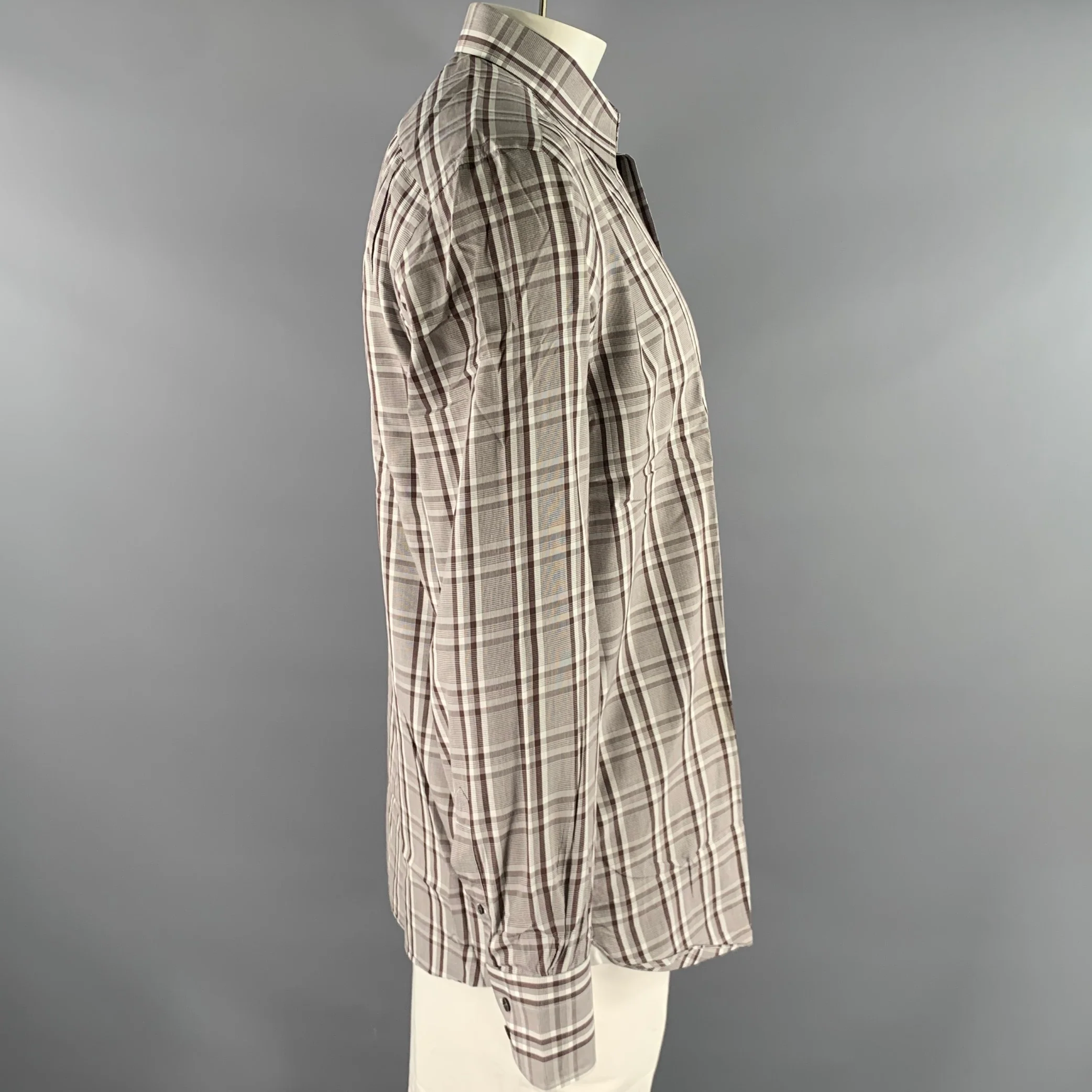 TOM FORD Size XL Brown Plaid Cotton Long Sleeve Shirt - Image 3