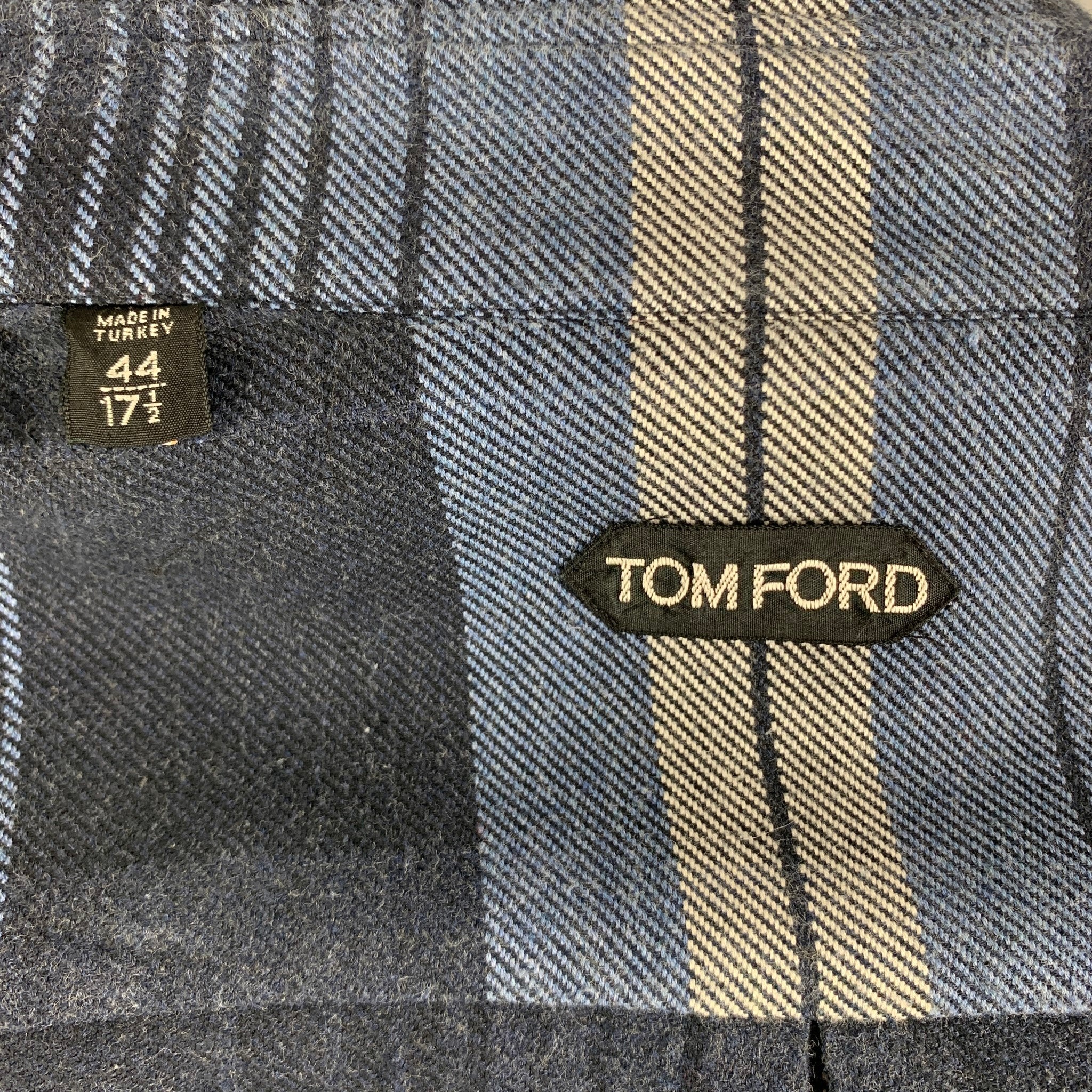 TOM FORD Size XL Navy Blue & White Plaid Cotton Flanel Long Sleeve Shirt - Image 4