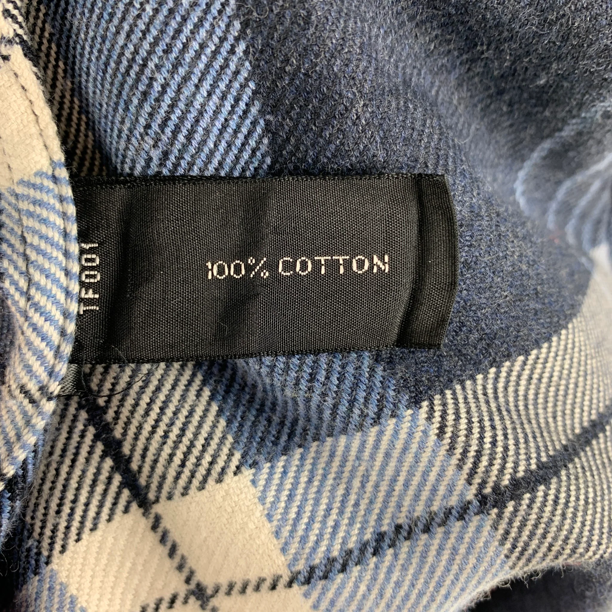 TOM FORD Size XL Navy Blue & White Plaid Cotton Flanel Long Sleeve Shirt - Image 5
