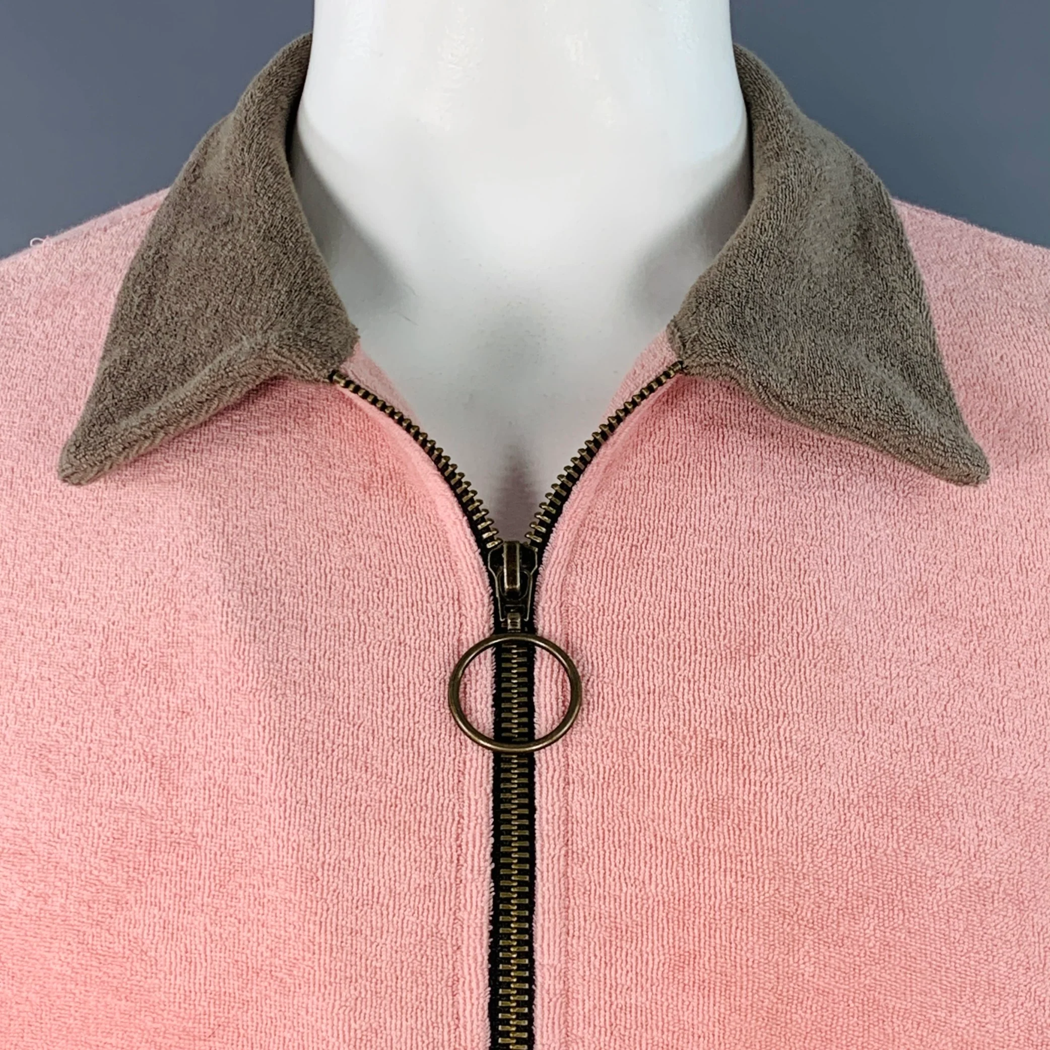 TOMBOLO Size XL Flamingo Tartare Pink Taupe Applique Organic Cotton 1/4 Zip Short Sleeve Shirt - Image 4
