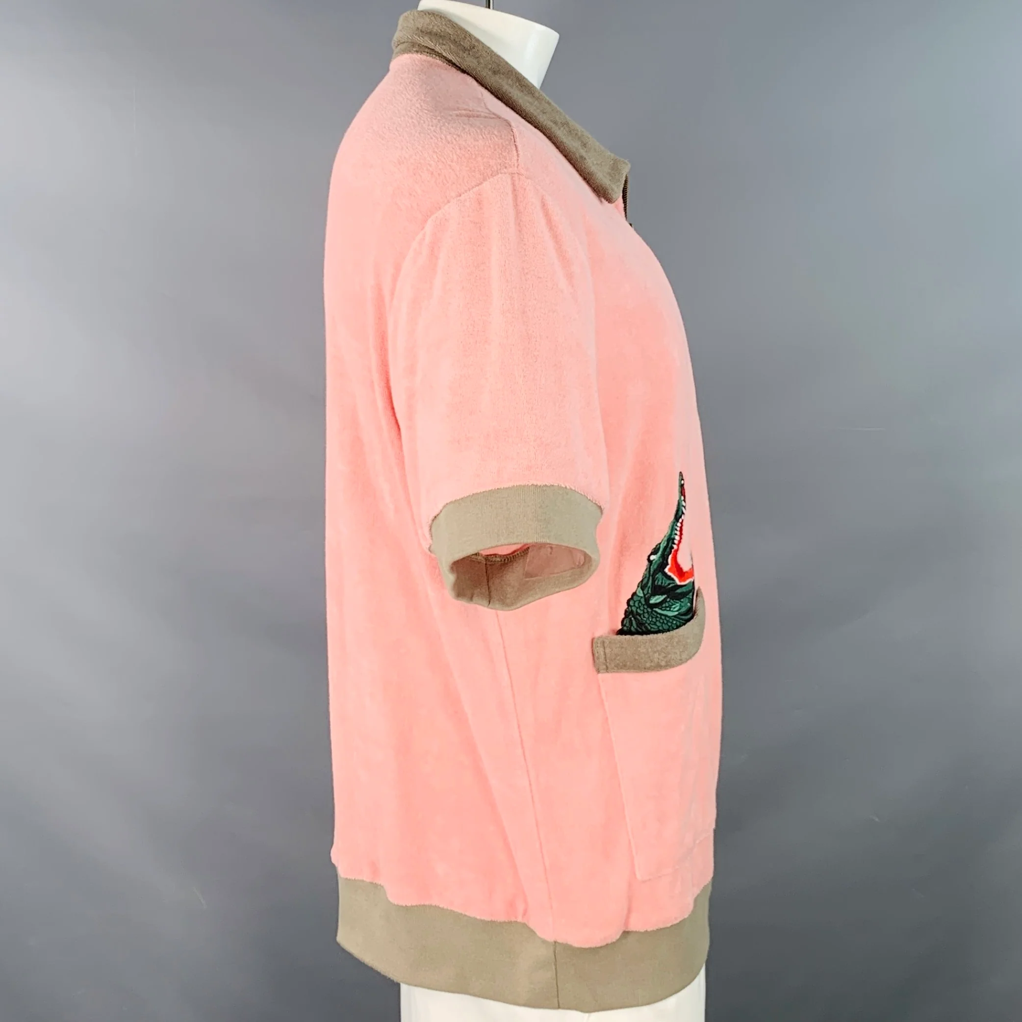 TOMBOLO Size XL Flamingo Tartare Pink Taupe Applique Organic Cotton 1/4 Zip Short Sleeve Shirt - Image 5