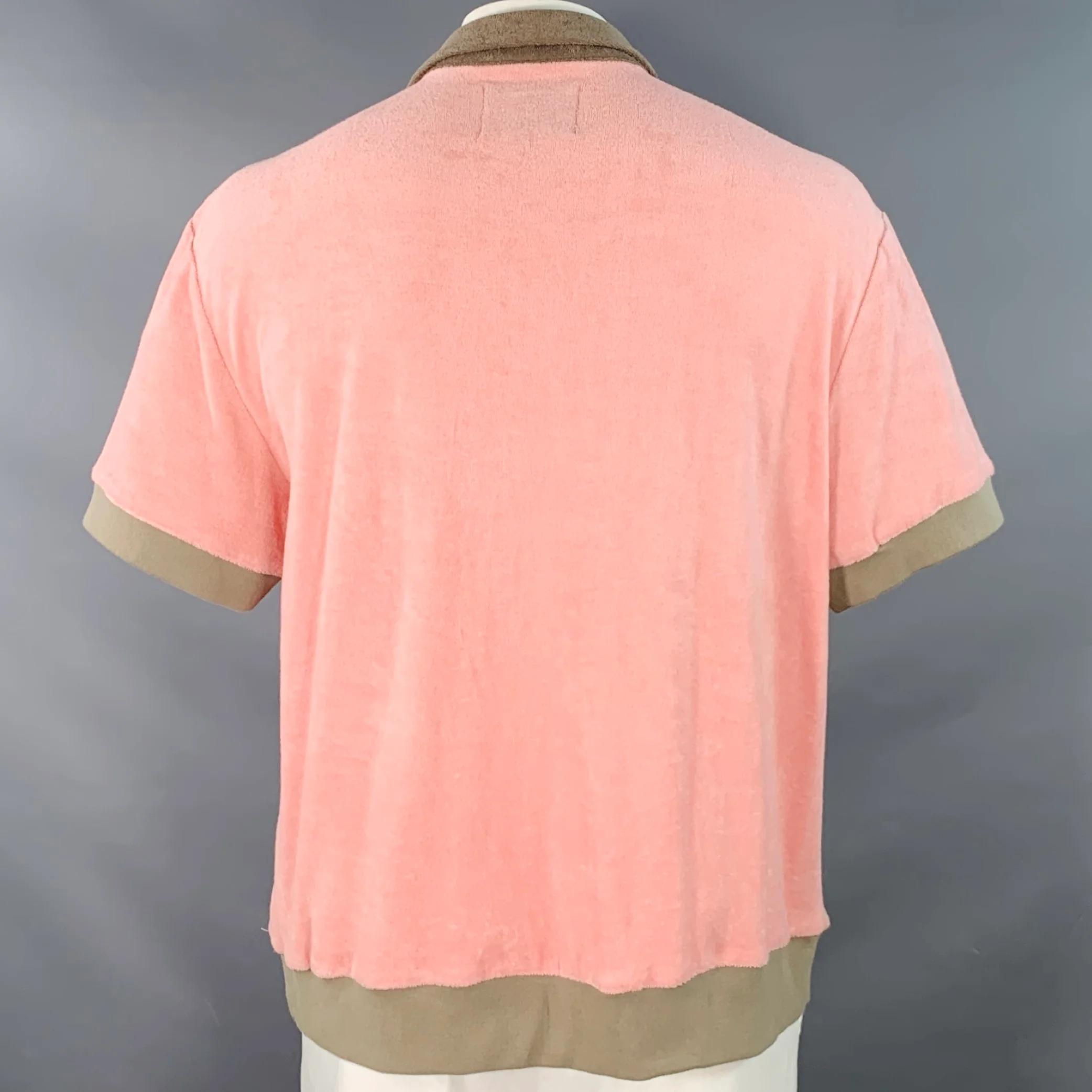TOMBOLO Size XL Flamingo Tartare Pink Taupe Applique Organic Cotton 1/4 Zip Short Sleeve Shirt - Image 6