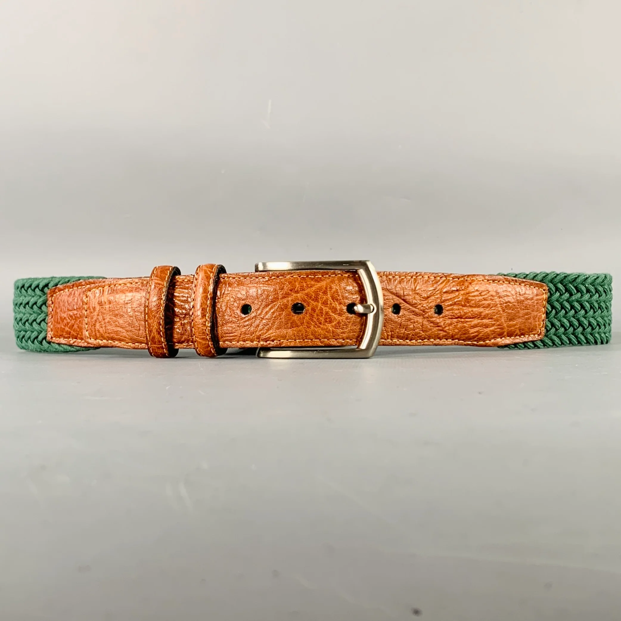 TORINO Size 32 Green Brown Braided Elastic Cord Leather Belt
