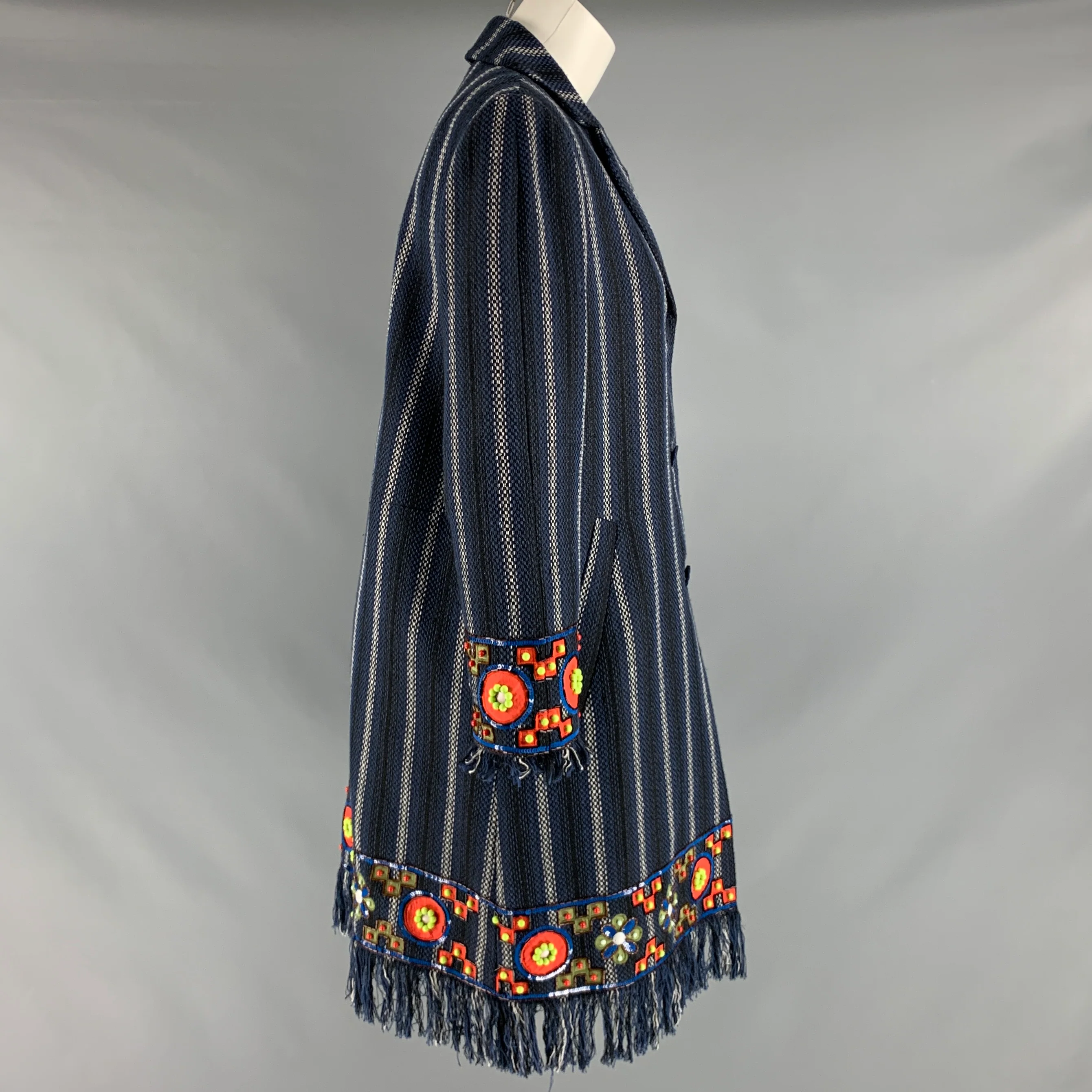 TORY BURCH Size 8 Navy White Cotton Blend Stripe Fringed Coat - Image 4
