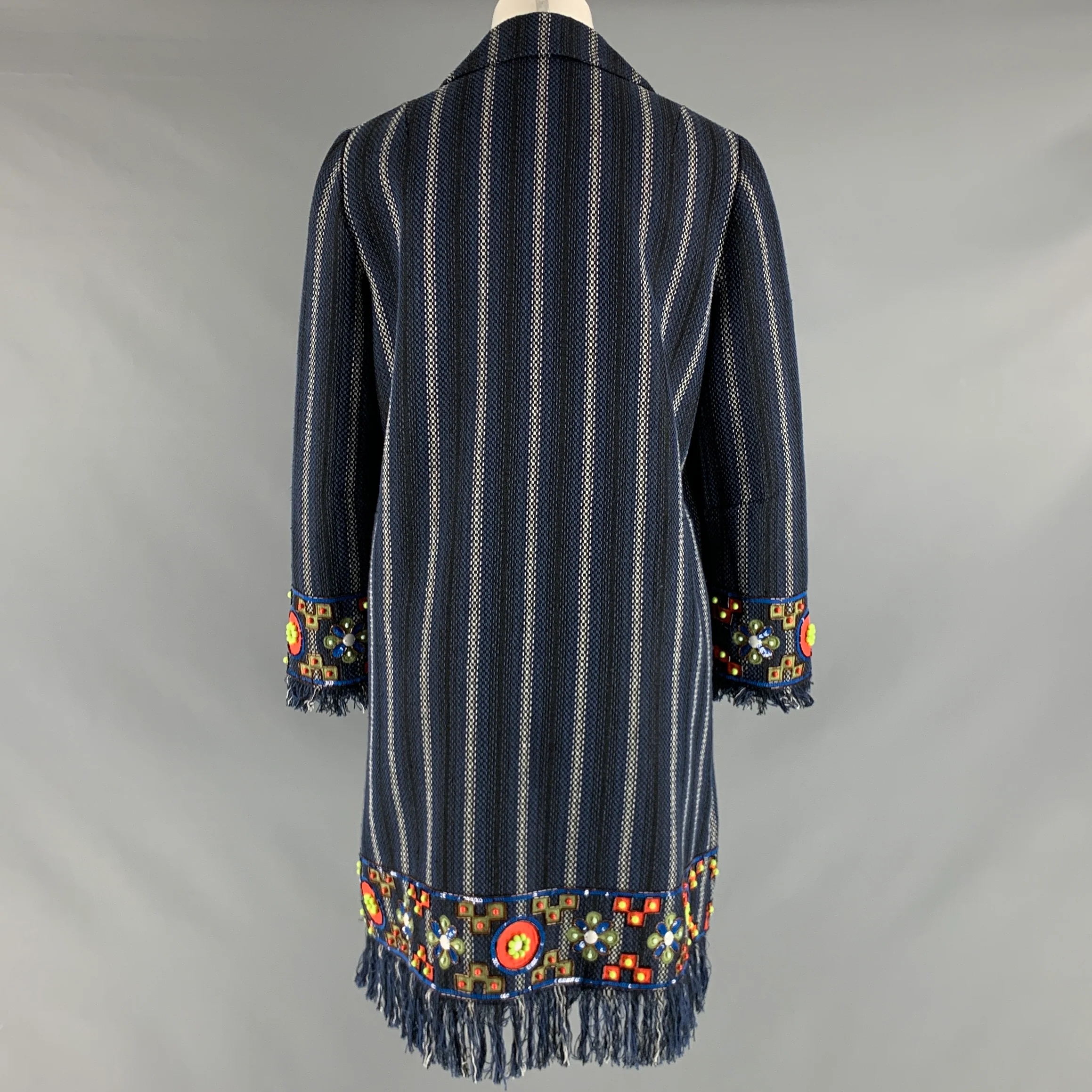 TORY BURCH Size 8 Navy White Cotton Blend Stripe Fringed Coat - Image 5