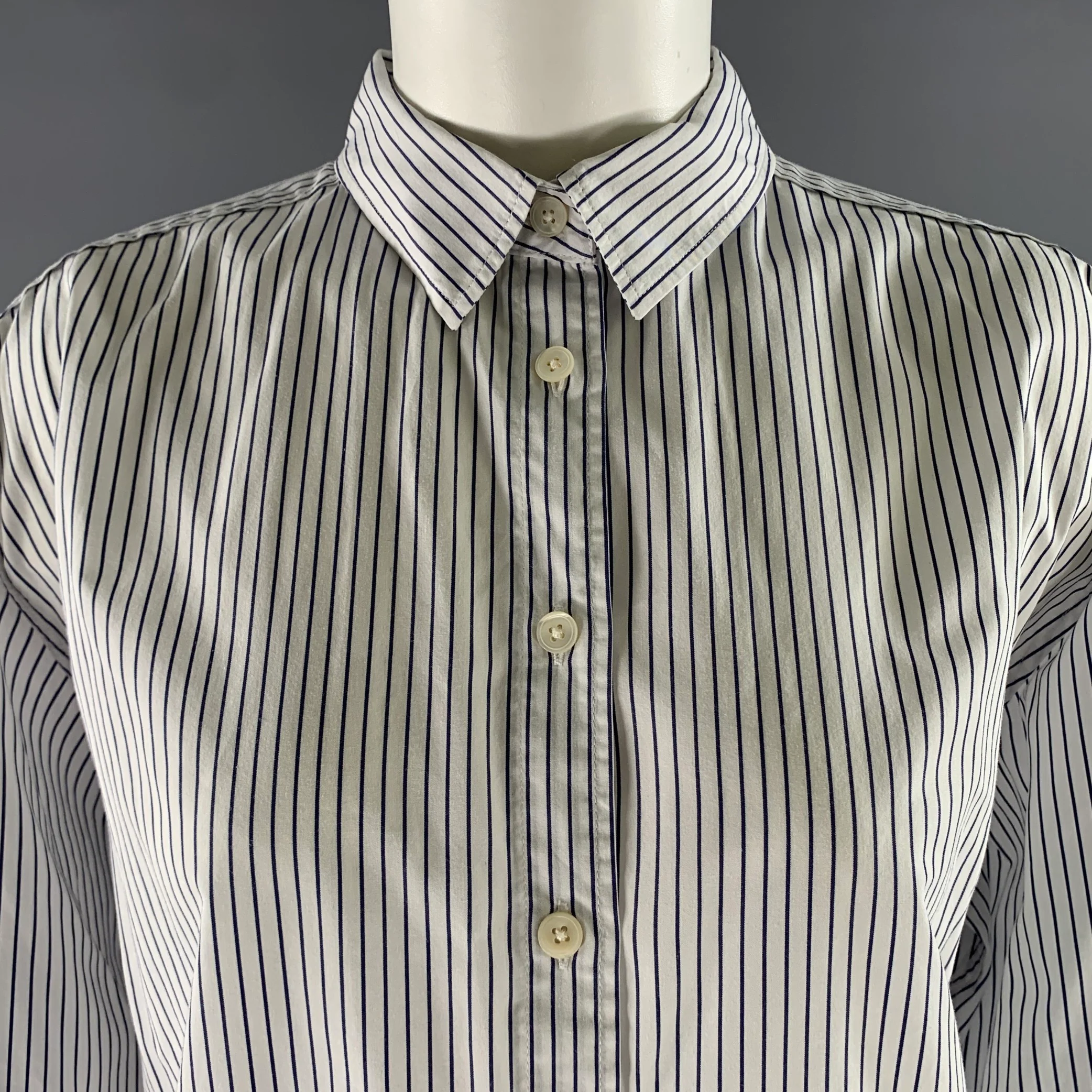 TOTEME Size 10 White Navy Cotton Blend Pinstripe Shirt - Image 2