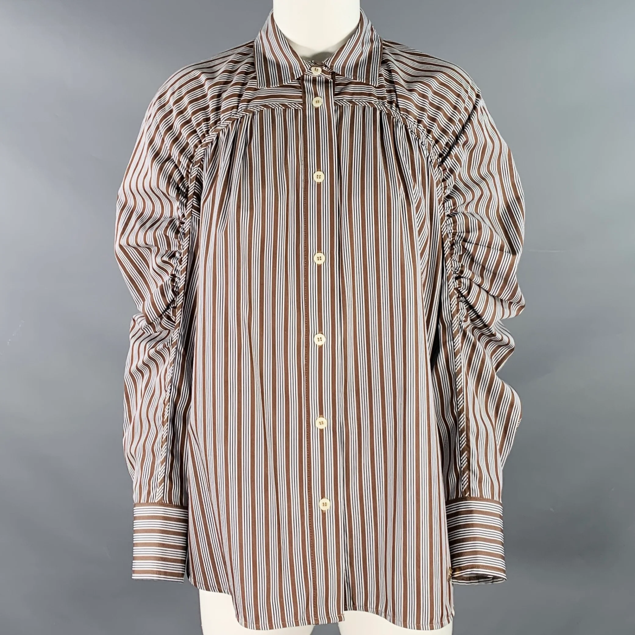TRESSE' Size 2 Brown Black White Cotton Stripe Ruched Button Up Casual Top
