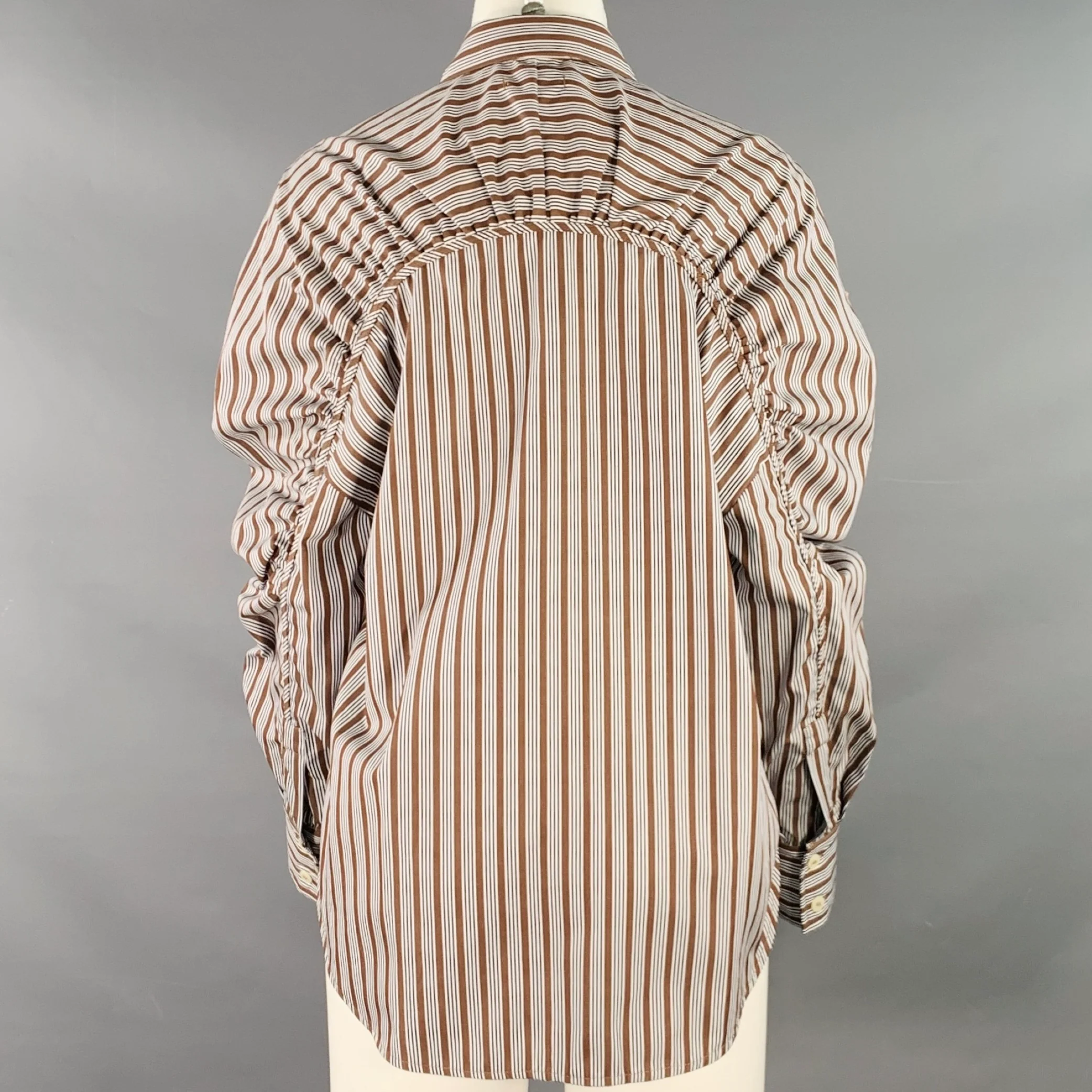TRESSE' Size 2 Brown Black White Cotton Stripe Ruched Button Up Casual Top - Image 3