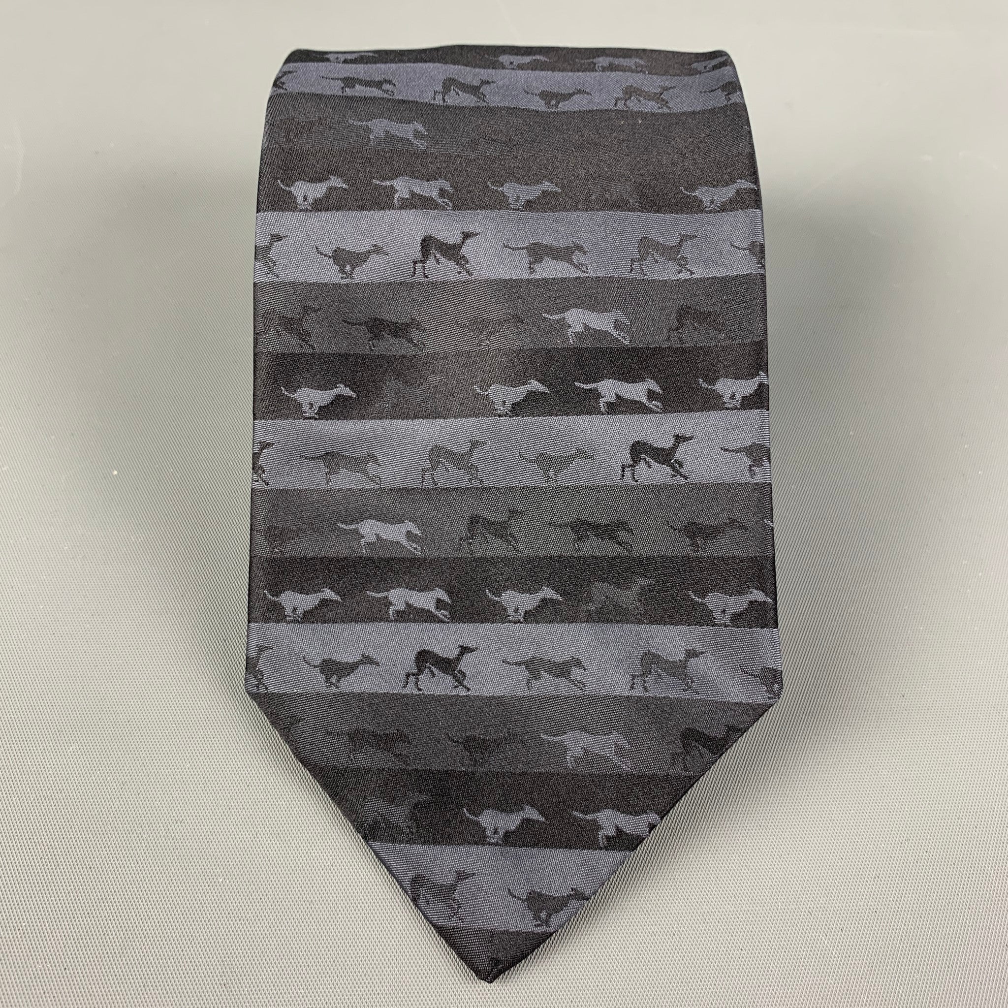 TRUSSARDI Black & Grey "Dogs" Striped Silk Tie