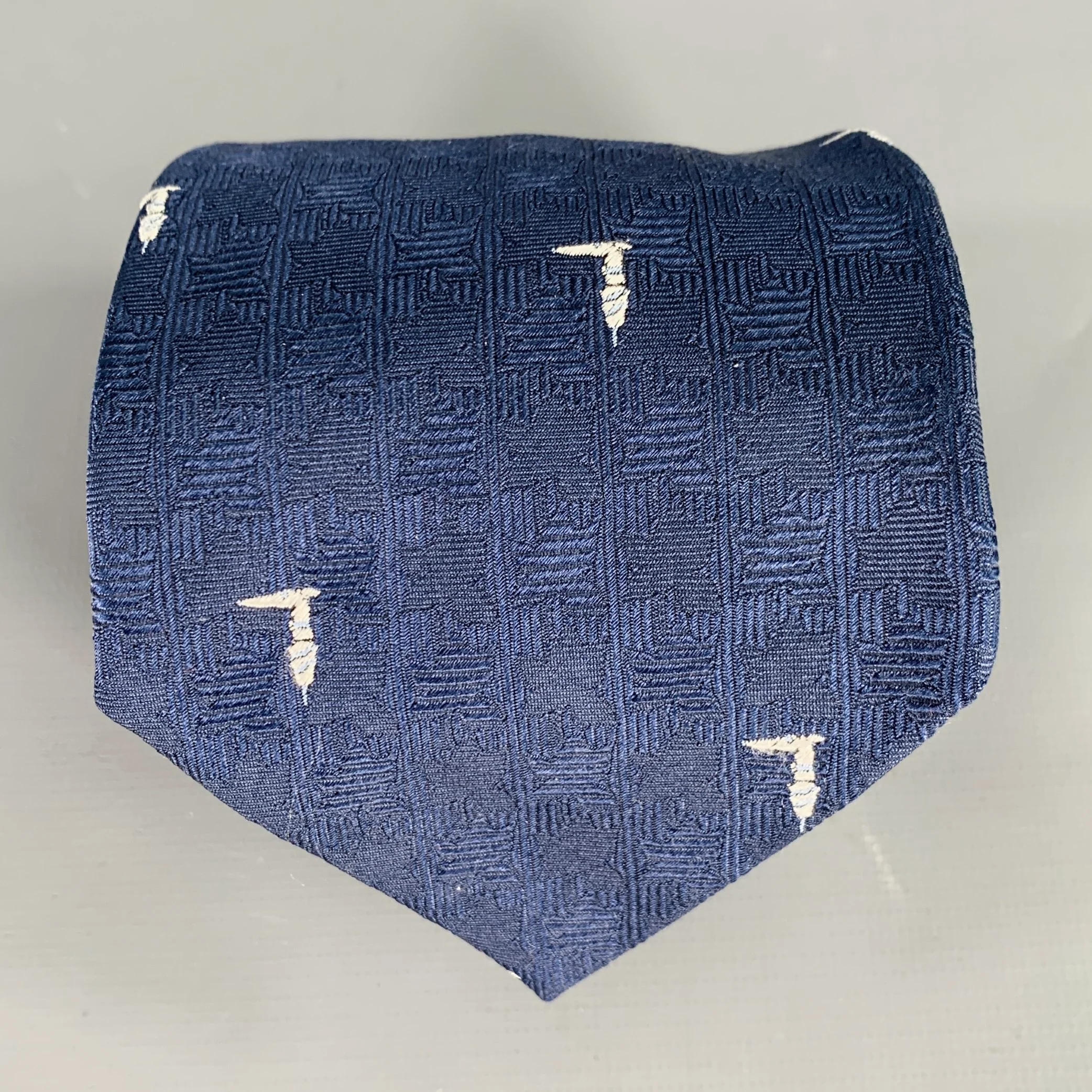 TRUSSARDI Navy White Textured Logo Silk Tie