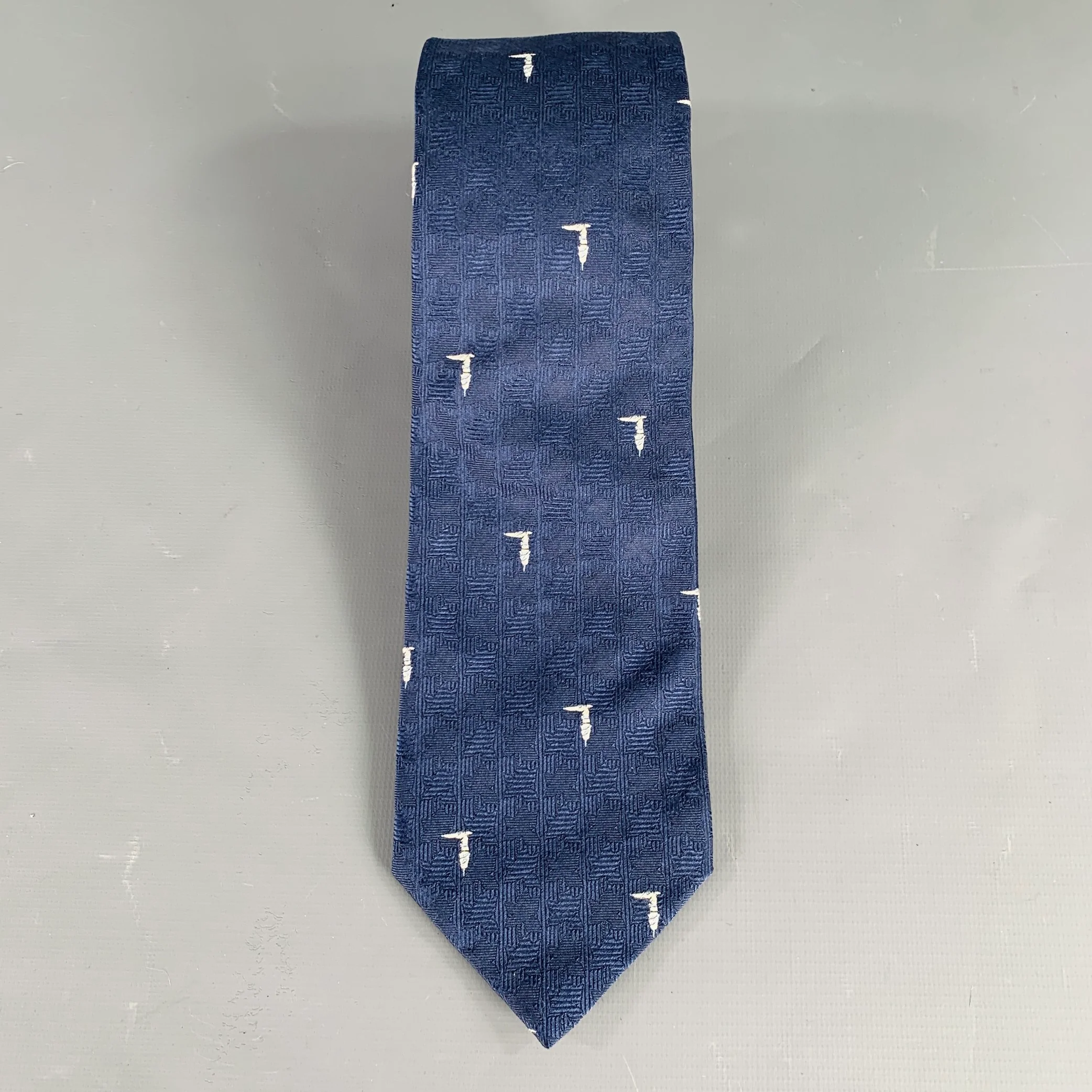 TRUSSARDI Navy White Textured Logo Silk Tie - Image 3