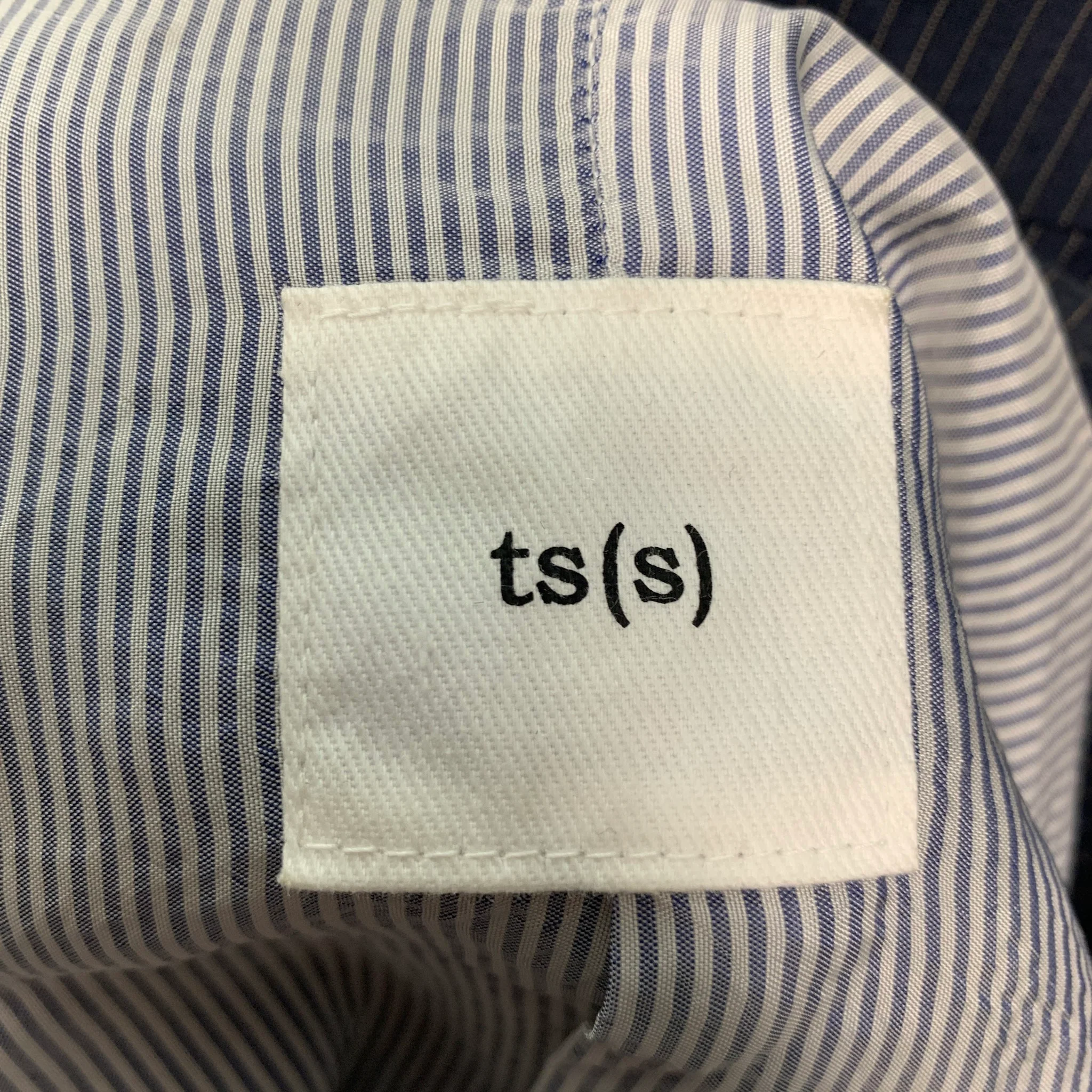 TS (S) Size L Navy Tan Pinstripe Cotton Silk Jacket - Image 4