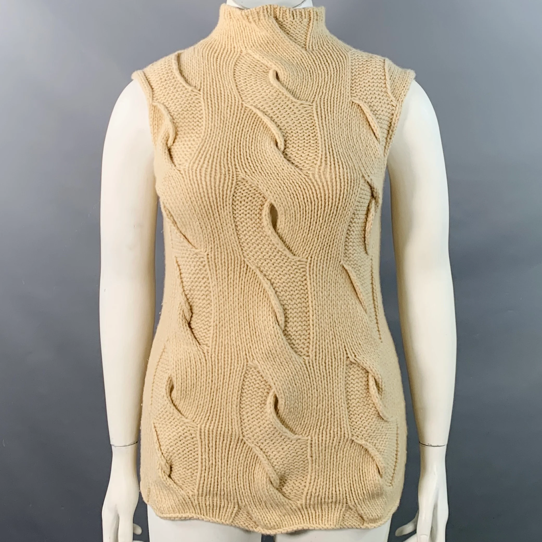 TSE Size L Beige Cashmere Cable Knit Sleeveless Mock Neck Sweater