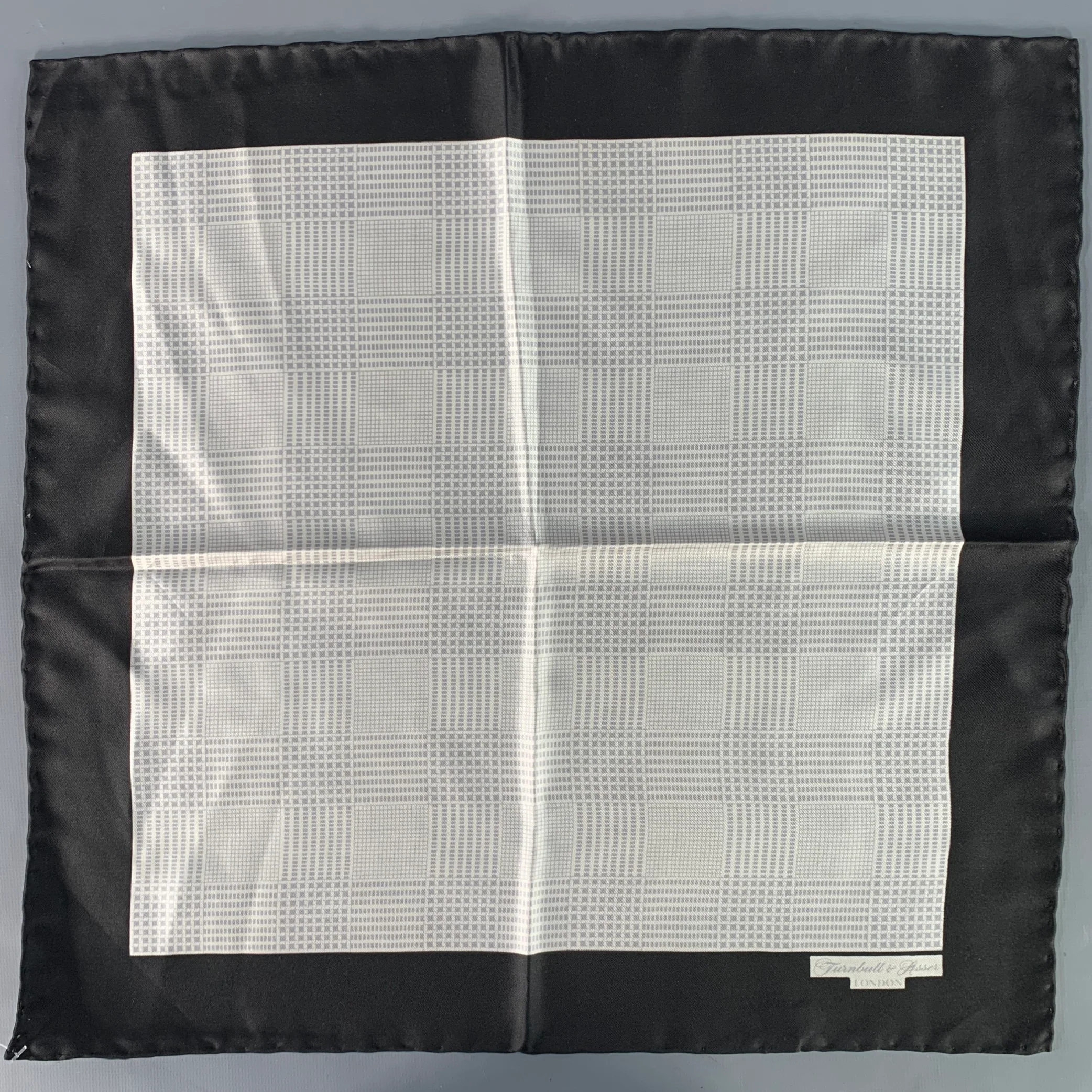 TURNBULL & ASSER Black White Grey Glenplaid Silk Pocket Square