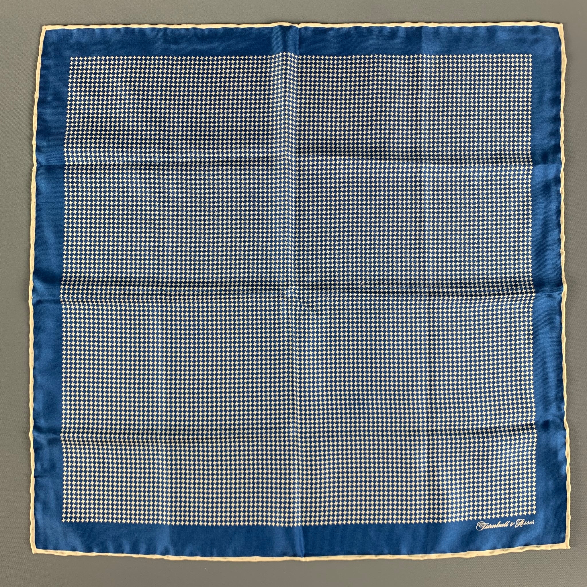 TURNBULL & ASSER Blue Cream Crosses Silk Pocket Square - Image 2