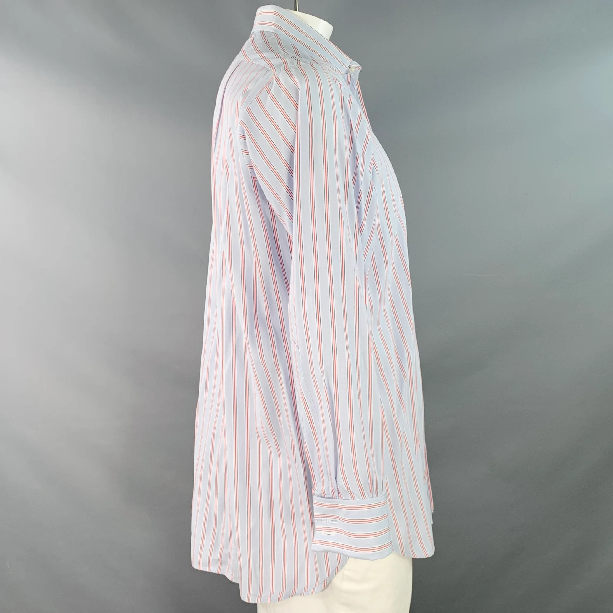 TURNBULL & ASSER Size L Blue Navy Red Stripe Cotton Long Sleeve Shirt - Image 3