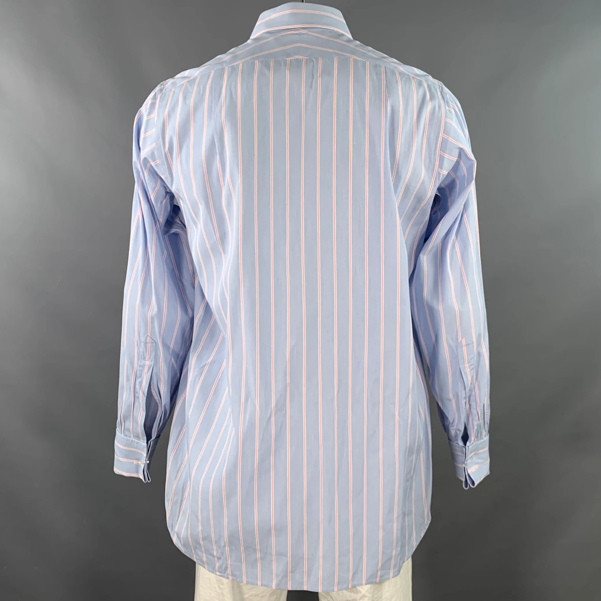 TURNBULL & ASSER Size L Blue Pink Stripe Cotton French Cuff Long Sleeve Shirt - Image 4