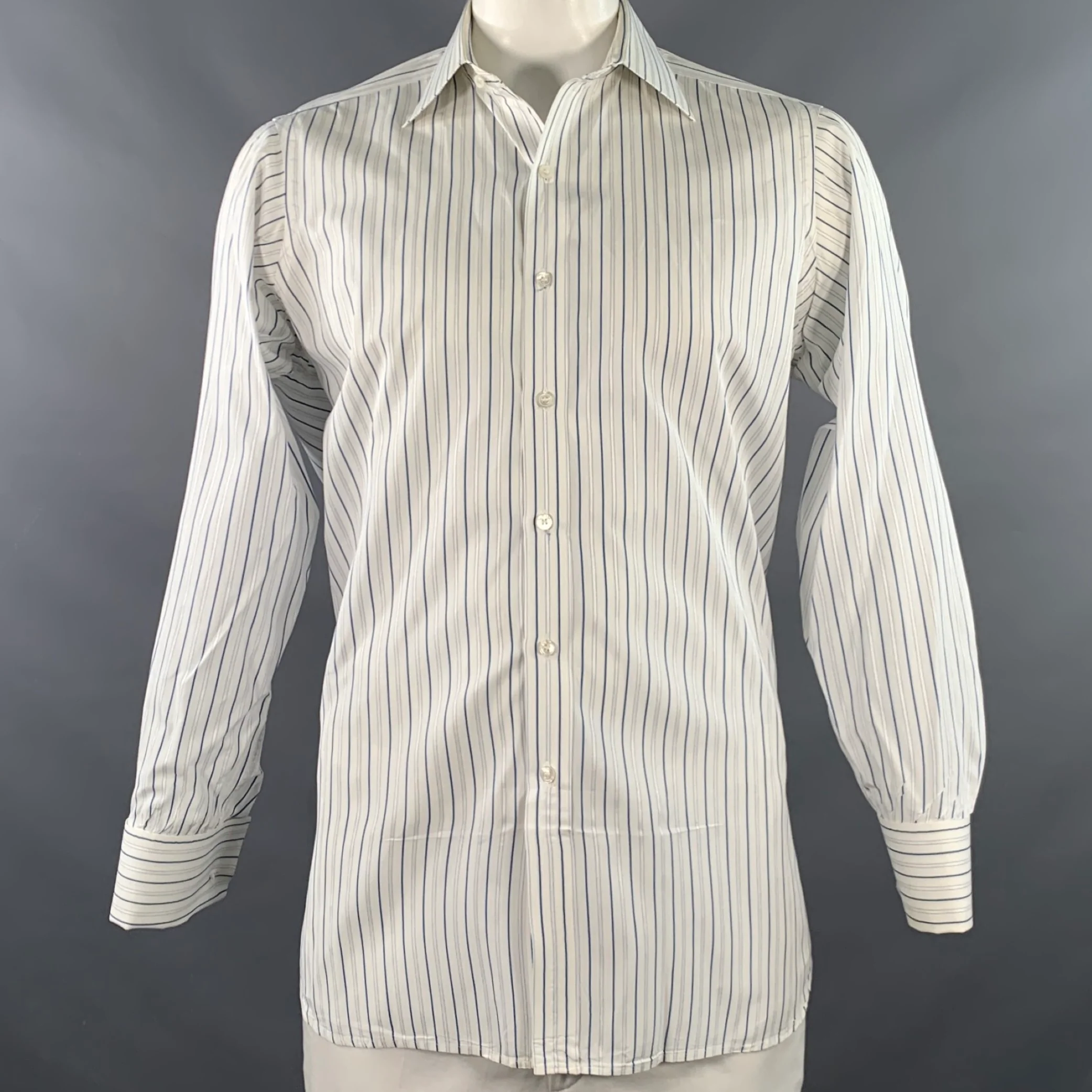 TURNBULL & ASSER Vintage Size L White Blue Stripe Cotton French Cuff Long Sleeve Shirt