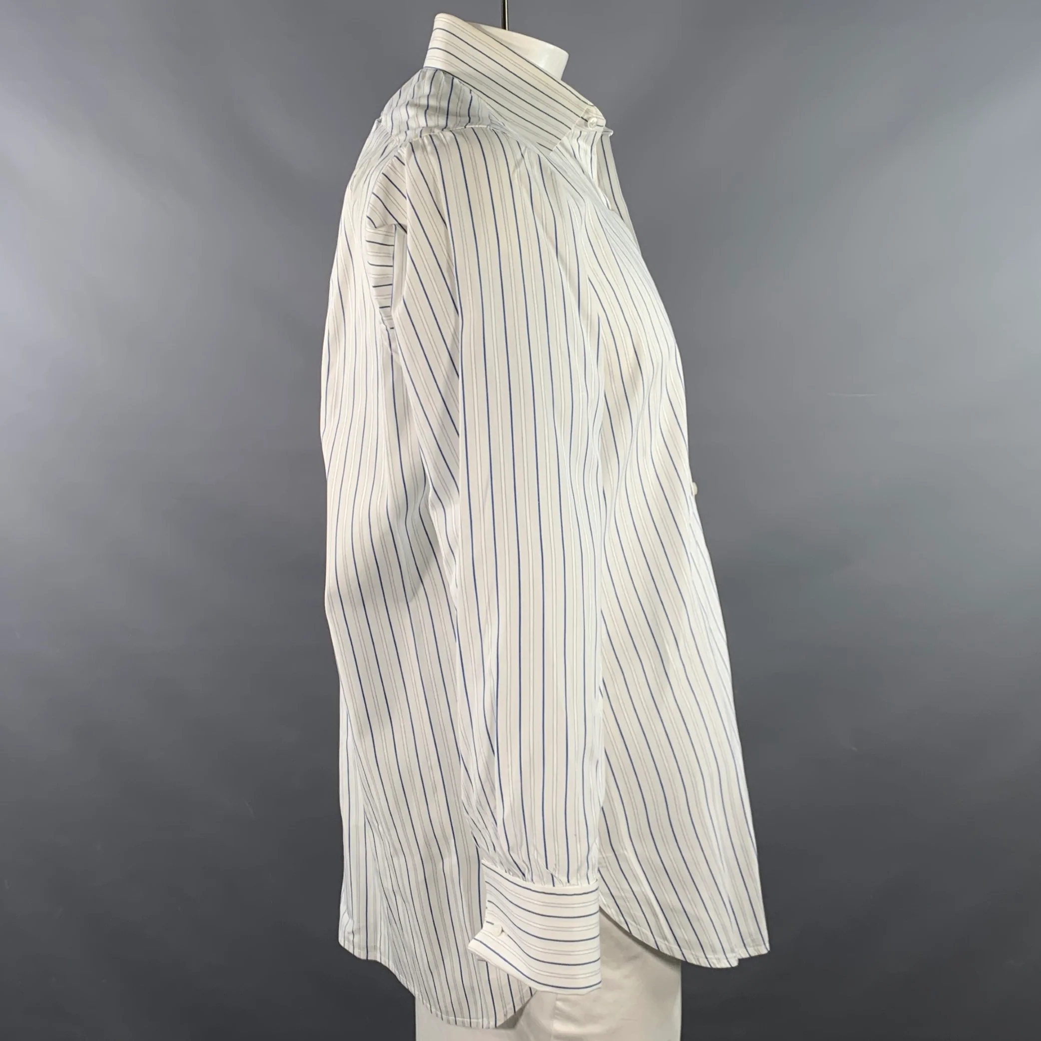 TURNBULL & ASSER Vintage Size L White Blue Stripe Cotton French Cuff Long Sleeve Shirt - Image 3