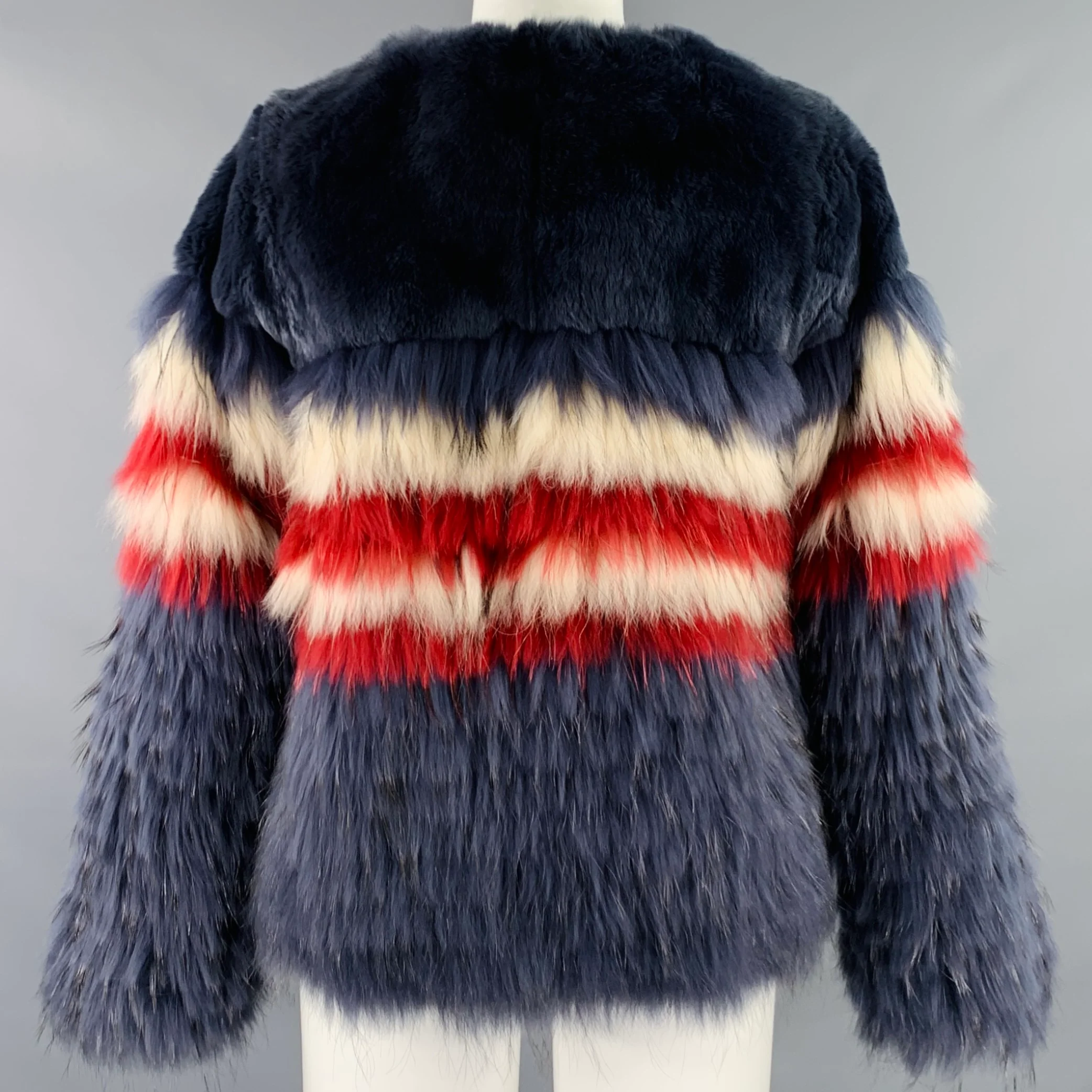 TWIN SET Size 4 Navy Red White Stripe Fur Jacket - Image 3