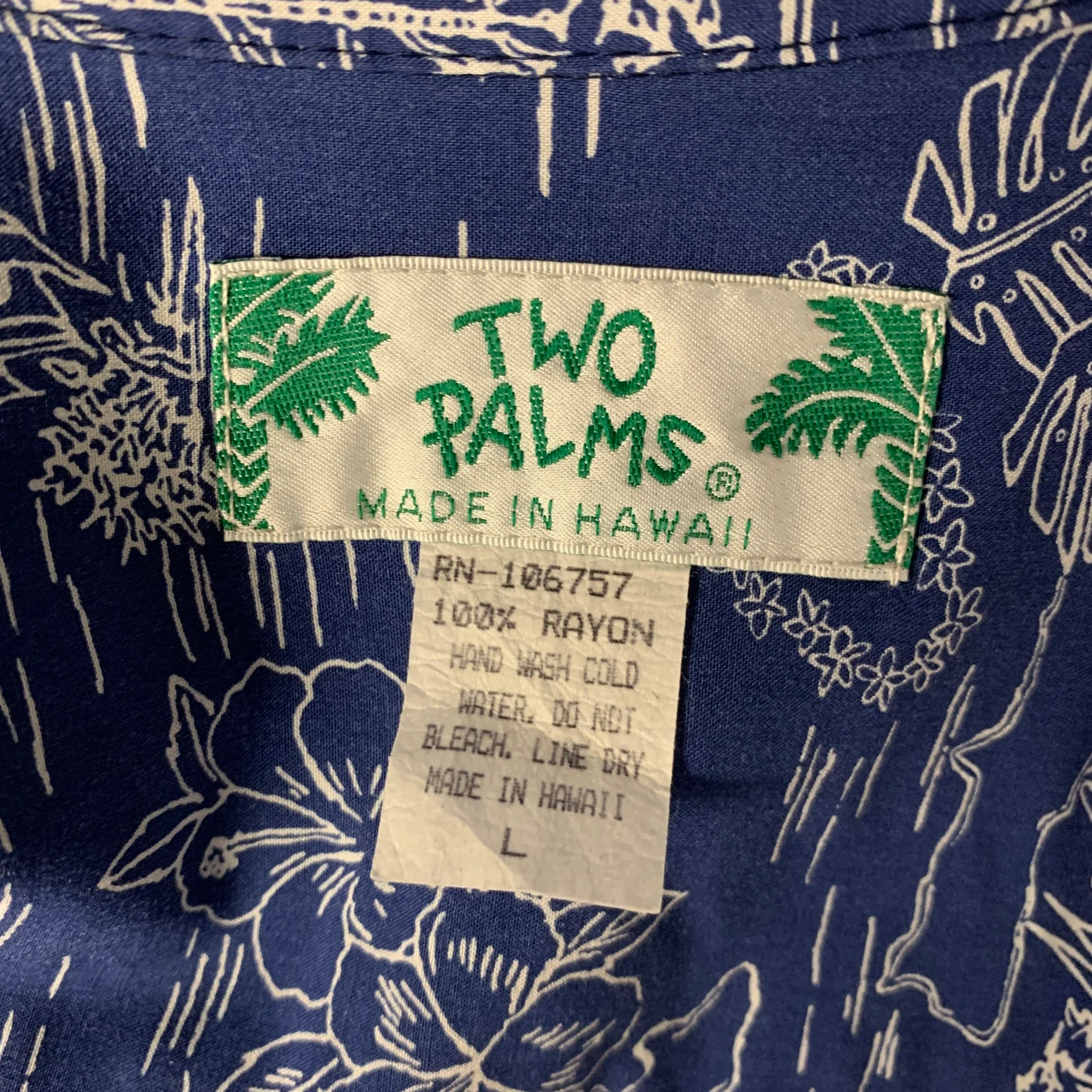 TWO PALMS Size L Blue White Graphic Rayon Camp Short Sleeve Shirt - Image 4