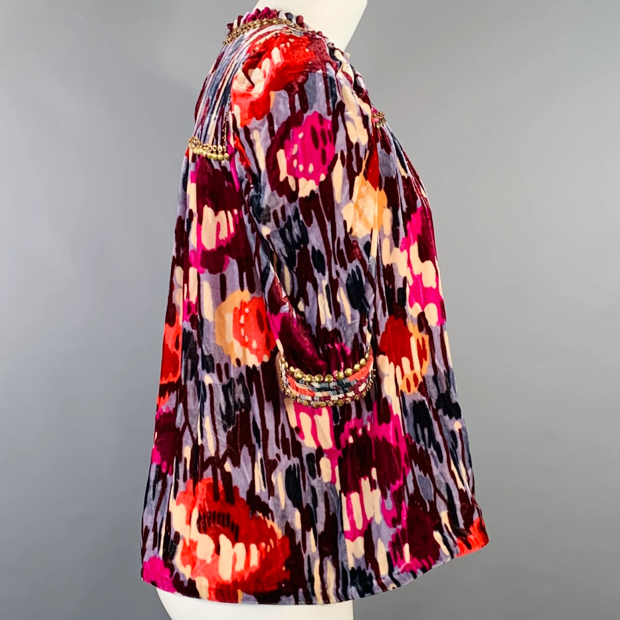 ULLA JOHNSON Size 2 Multi Color Velour Abstract Floral Beaded Blouse - Image 3
