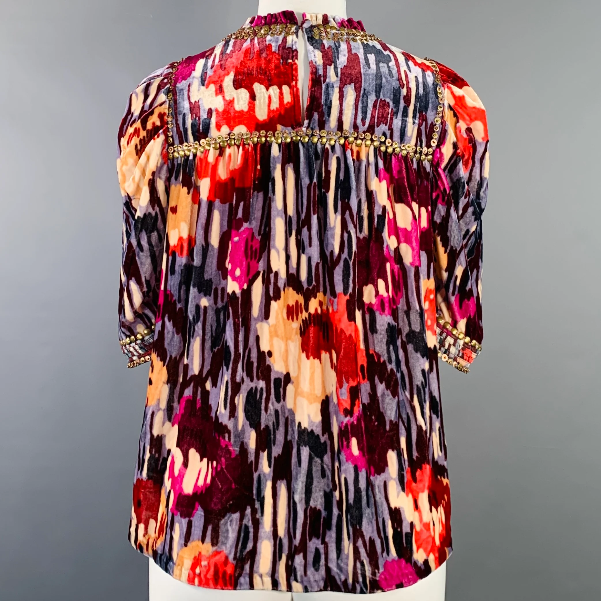 ULLA JOHNSON Size 2 Multi Color Velour Abstract Floral Beaded Blouse - Image 4