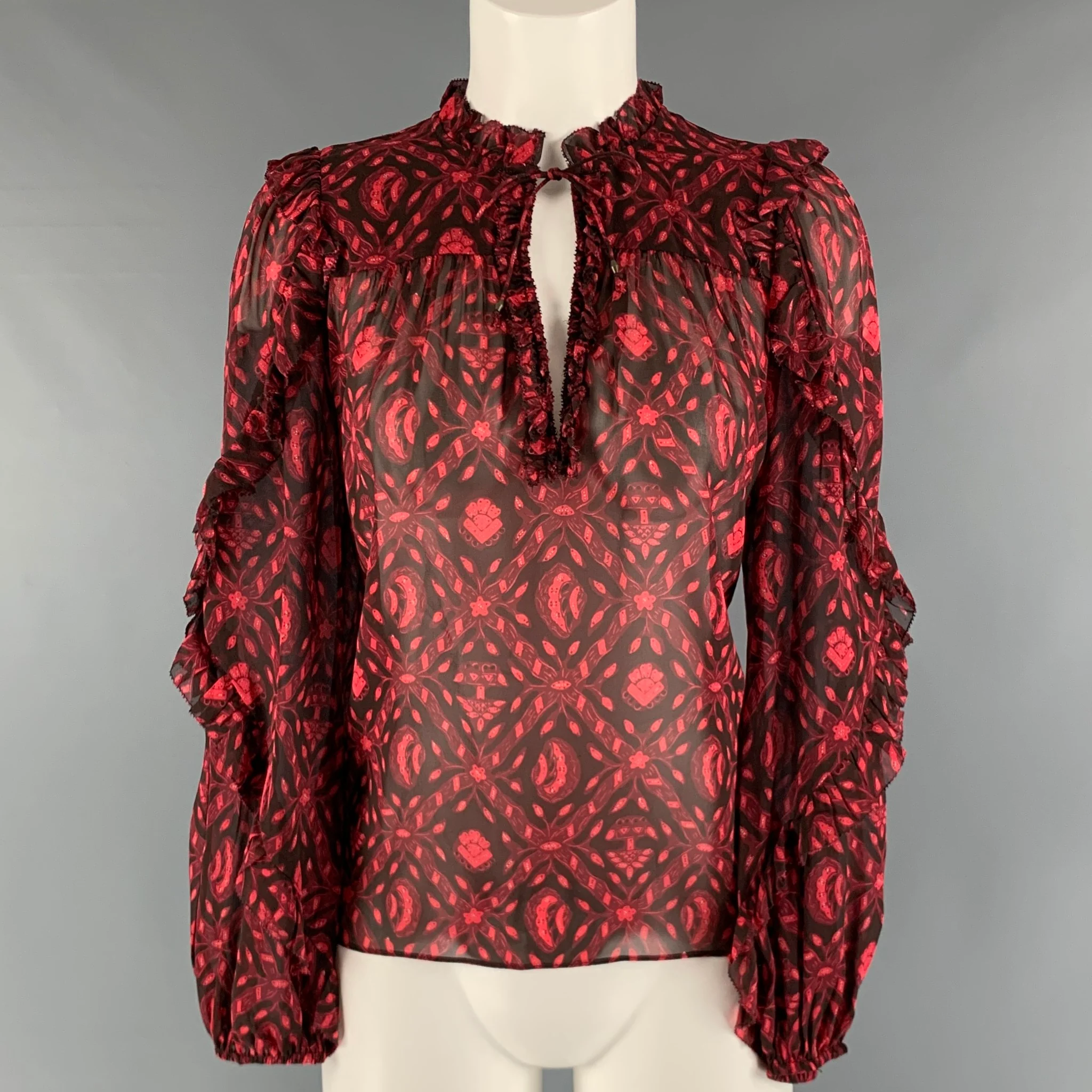 ULLA JOHNSON Size 2 Red Black Silk Abstract V-Neck Casual Top