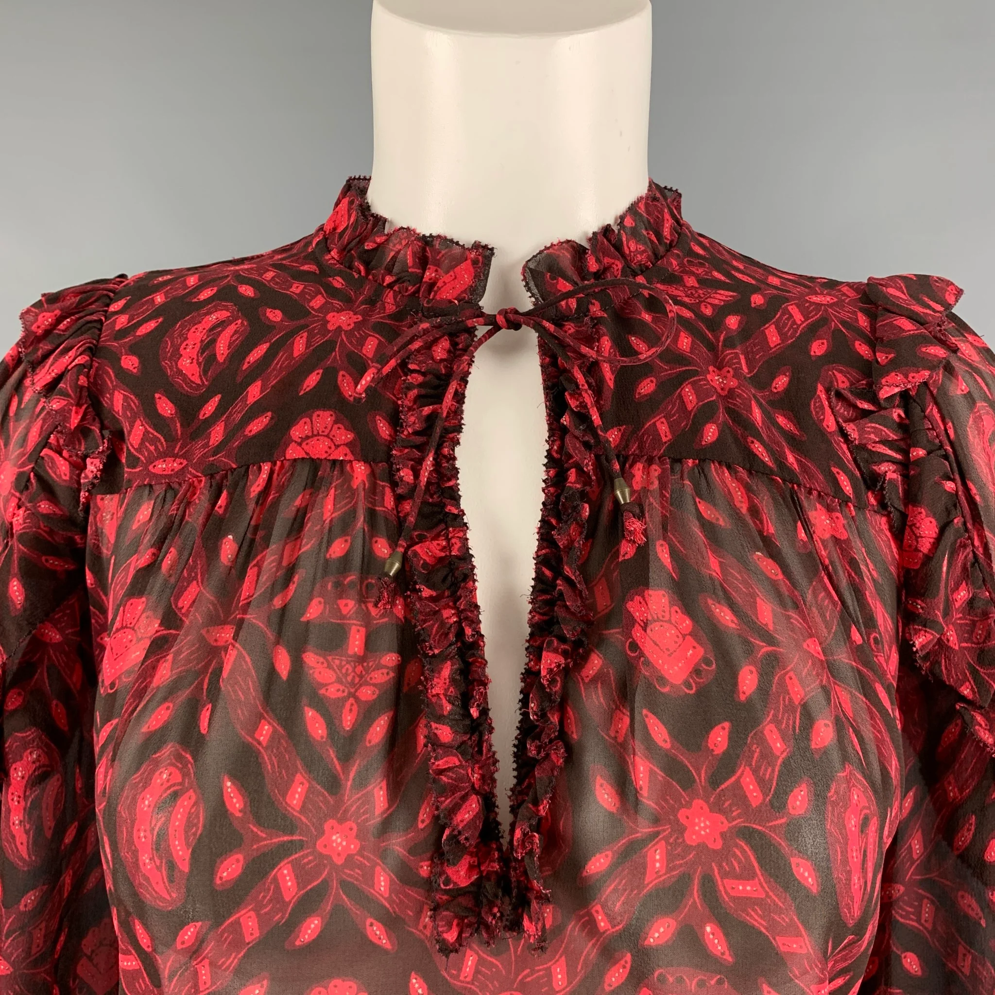 ULLA JOHNSON Size 2 Red Black Silk Abstract V-Neck Casual Top - Image 2