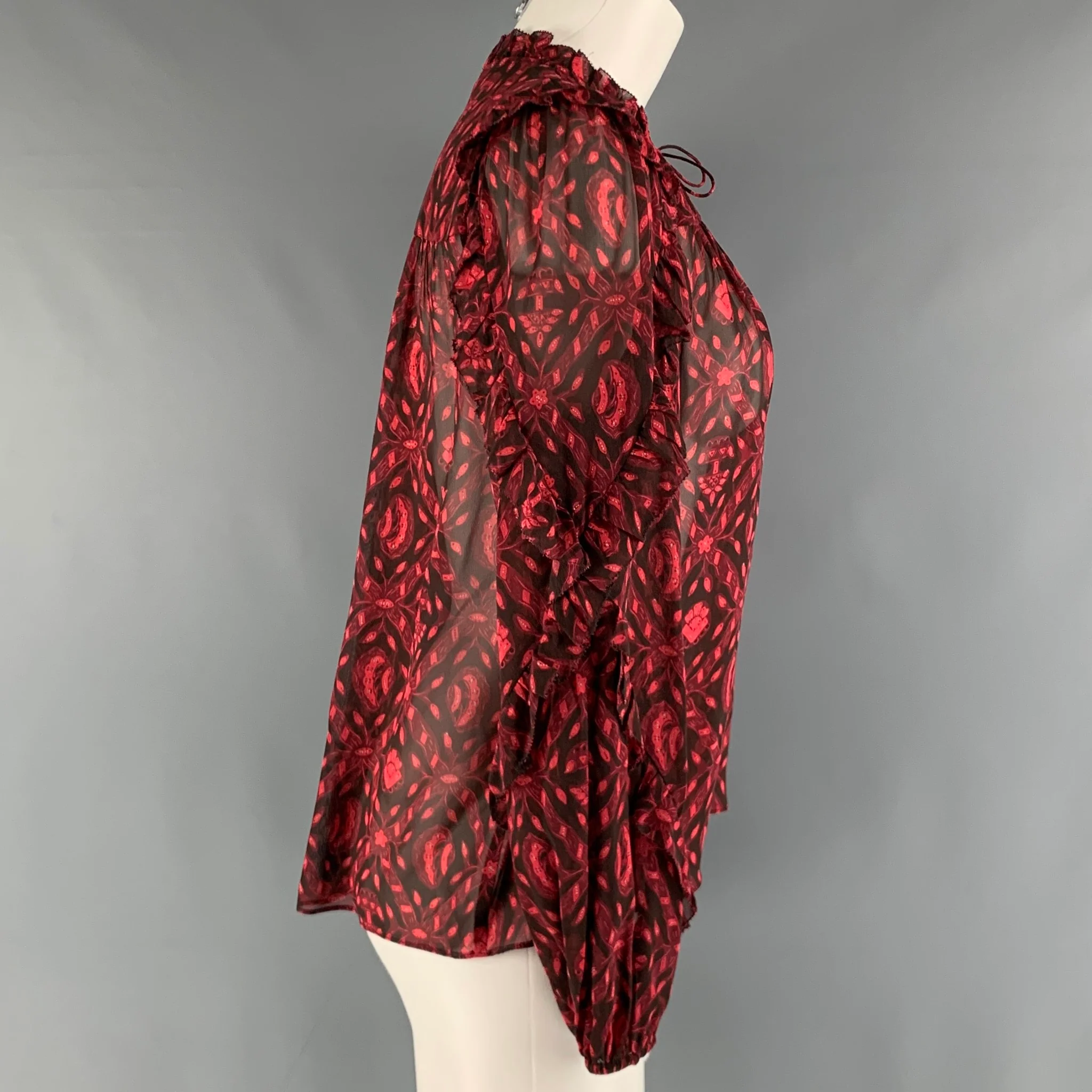 ULLA JOHNSON Size 2 Red Black Silk Abstract V-Neck Casual Top - Image 3