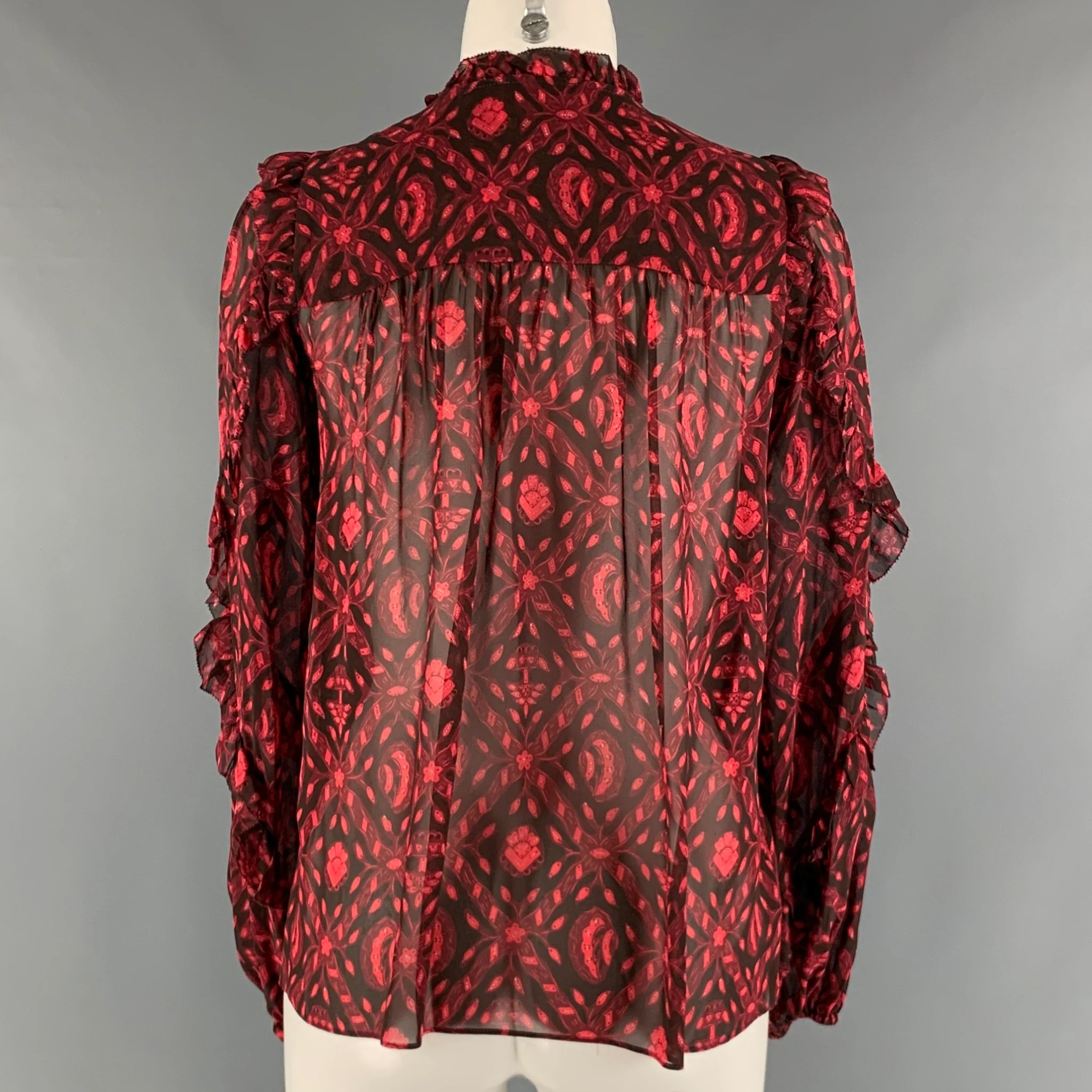 ULLA JOHNSON Size 2 Red Black Silk Abstract V-Neck Casual Top - Image 4