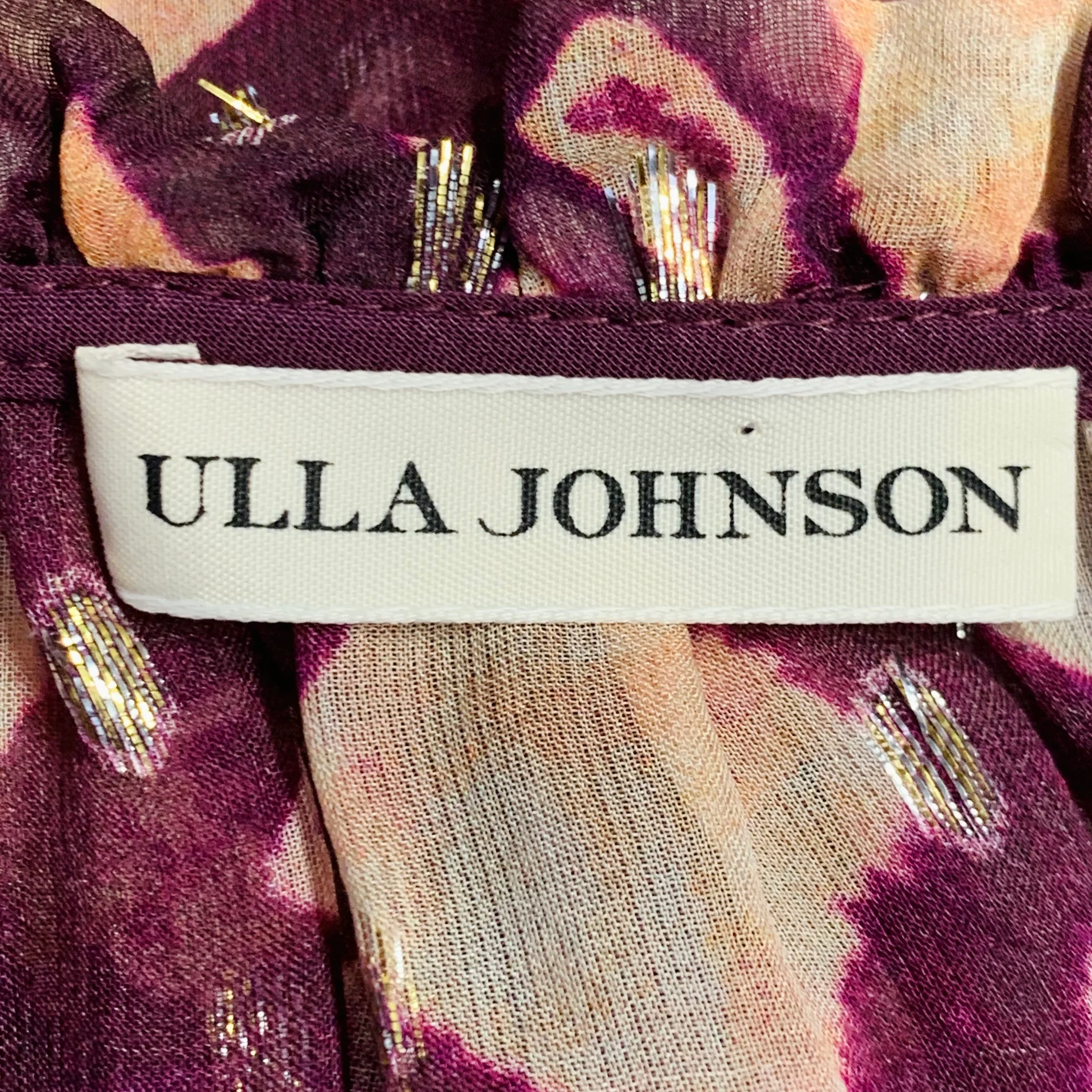 ULLA JOHNSON Size 4 Purple Yellow Silk Blend Abstract Bishop Sleeve Casual Top - Image 7