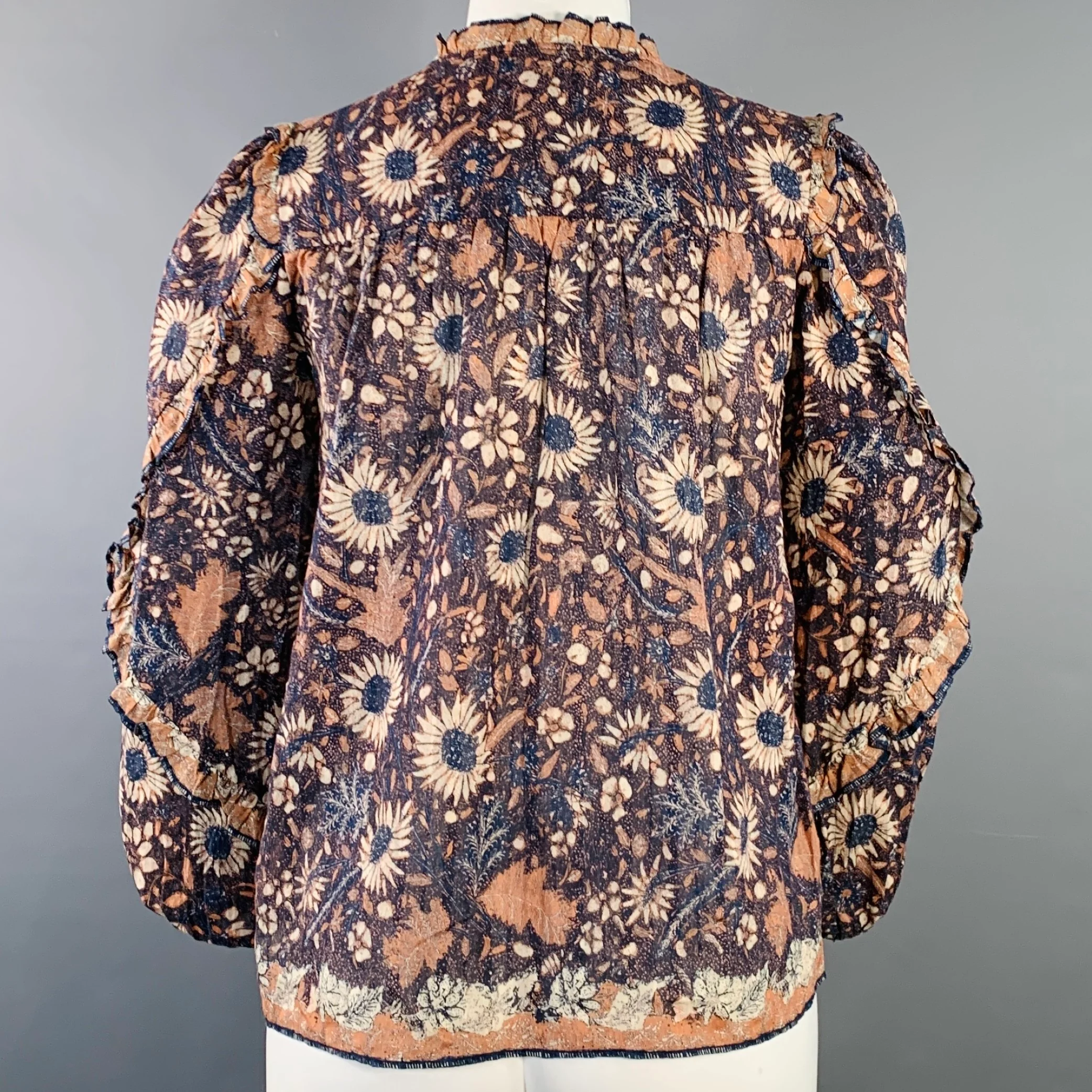 ULLA JOHNSON Size XS Manet Navy Brown Cotton Blend Floral V-Neck Blouse - Image 3