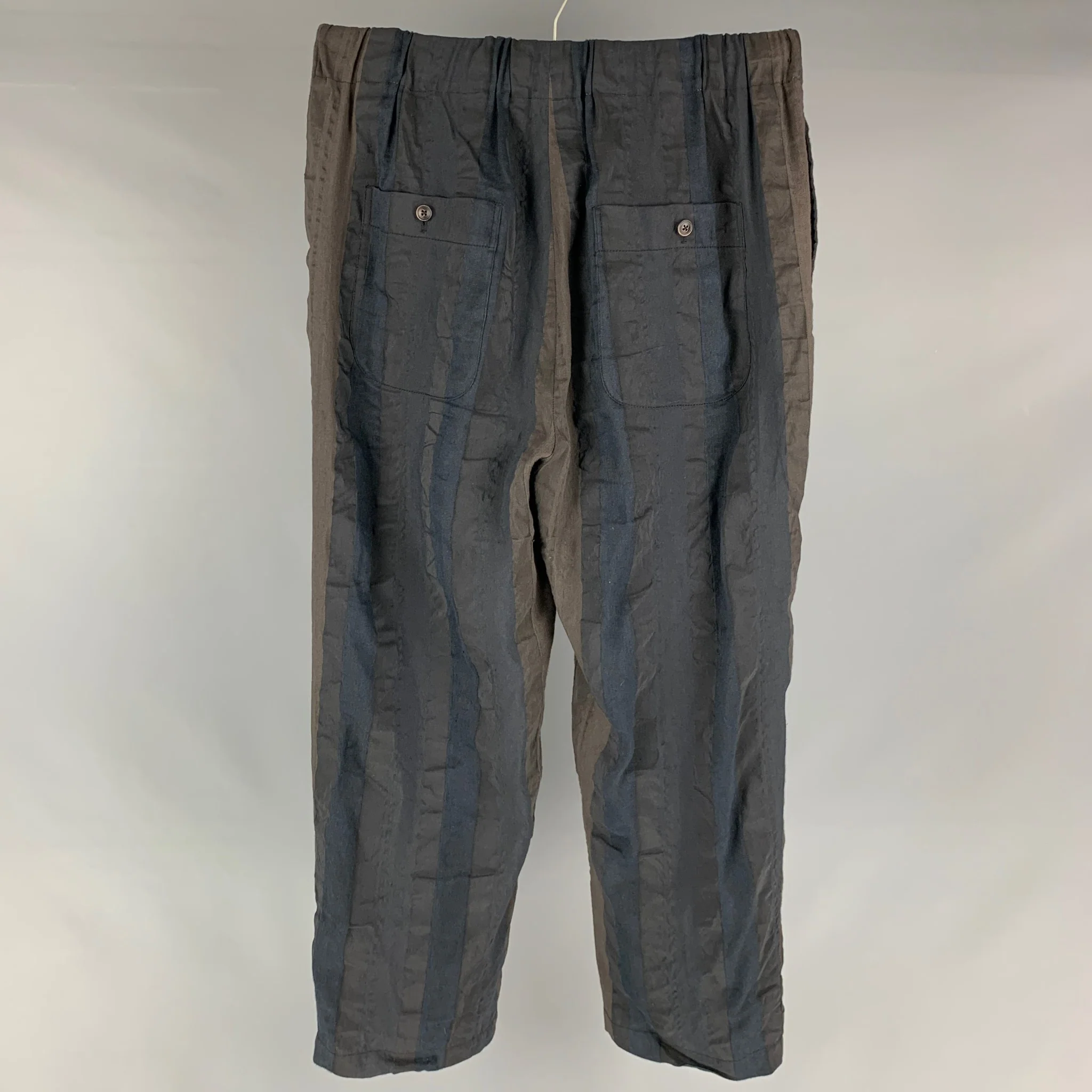 UMA WANG Size L Brown Black Stripe Linen Polyester Drawstring Casual Pants - Image 3
