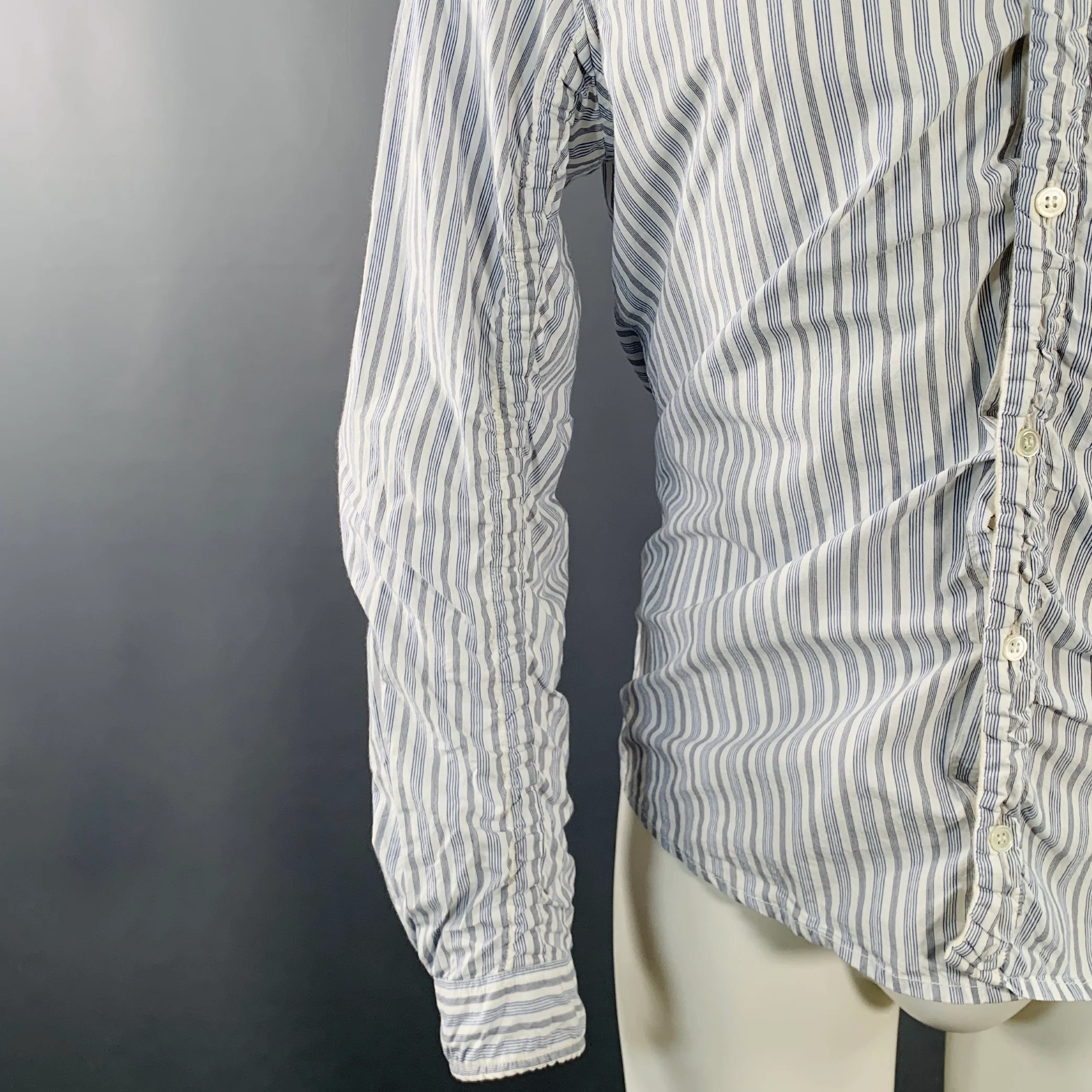 UNDERCOVER SS17 Size M White Blue Stripe Cotton Ruched One Pocket Long Sleeve Shirt - Image 3